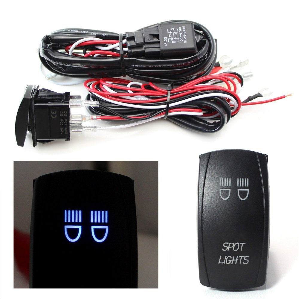 2 Output Relay Wiring Harness with Blue LED Light Switch for Fog Lamps & Spot Lights - Waterproof Off-Road Lighting Kit for Trucks, Jeeps & ATVs