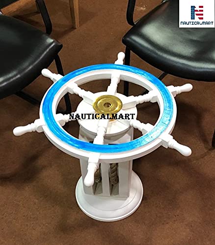 Distressed White Nautical Wooden Ship Wheel Coffee Table with Pulley Base - Rustic Coastal Home Decor for Living Room, Beach House, or Office