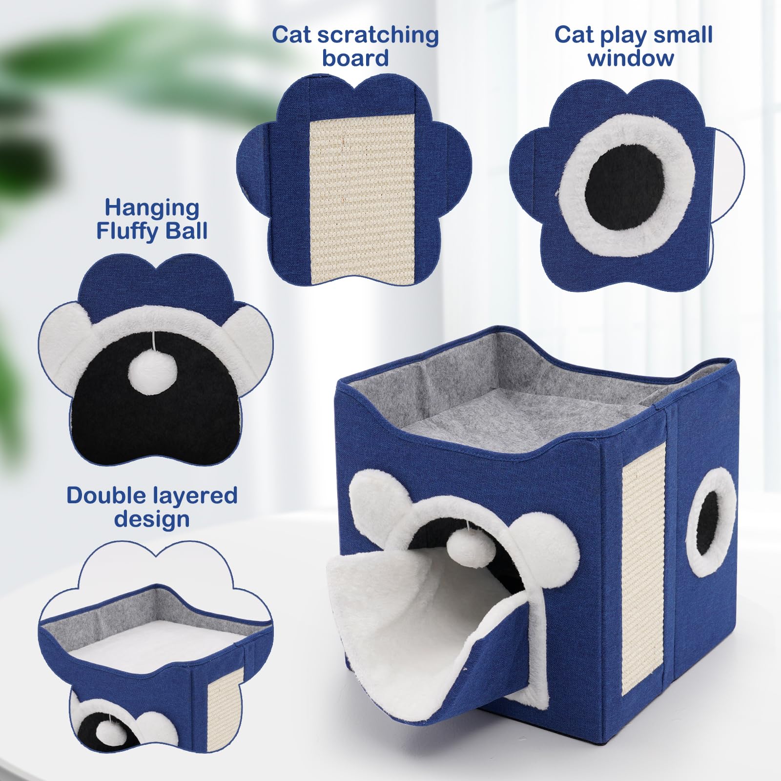Premium Large Foldable Cat Bed for Indoor Cats - Soft & Cozy with Scratch Pad, Hanging Fluffy Ball & Mini Hole Cat Condo (Blue) - Perfect for Napping, Playtime & Relaxation in Living Rooms & Bedrooms