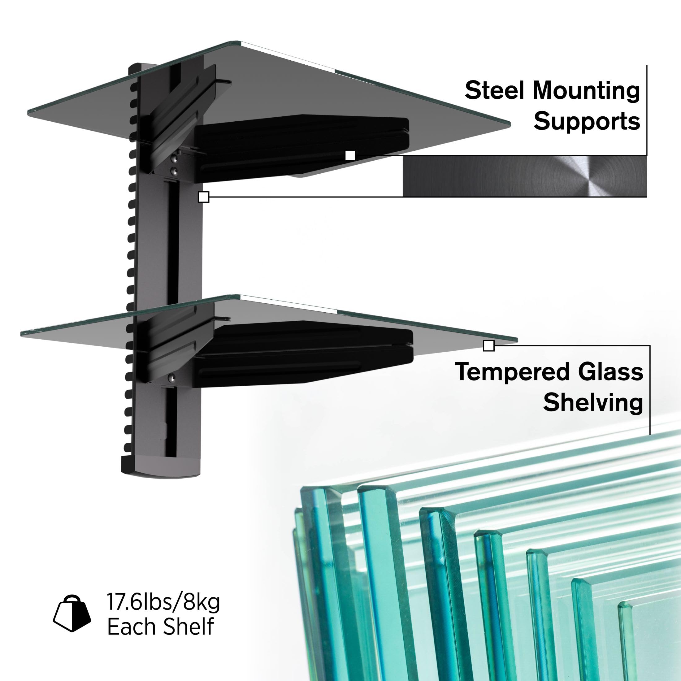 Promounts Dual Floating TV Shelves - Heavy Duty Tempered Glass Entertainment Shelves Holds 17.6lbs Each - Perfect for DVD Players, Cable Boxes & Game Consoles - Ideal for Living Room, Bedroom & Home Theater Setup