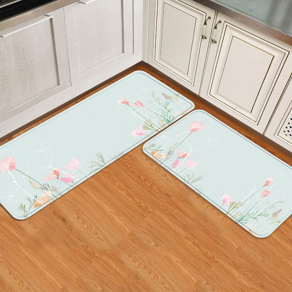 Anti-Fatigue Kitchen Rugs with Watercolor Floral Design - Non-Slip, Easy to Clean Standing Mat for Kitchen, Laundry, Bathroom & Office - 17.8