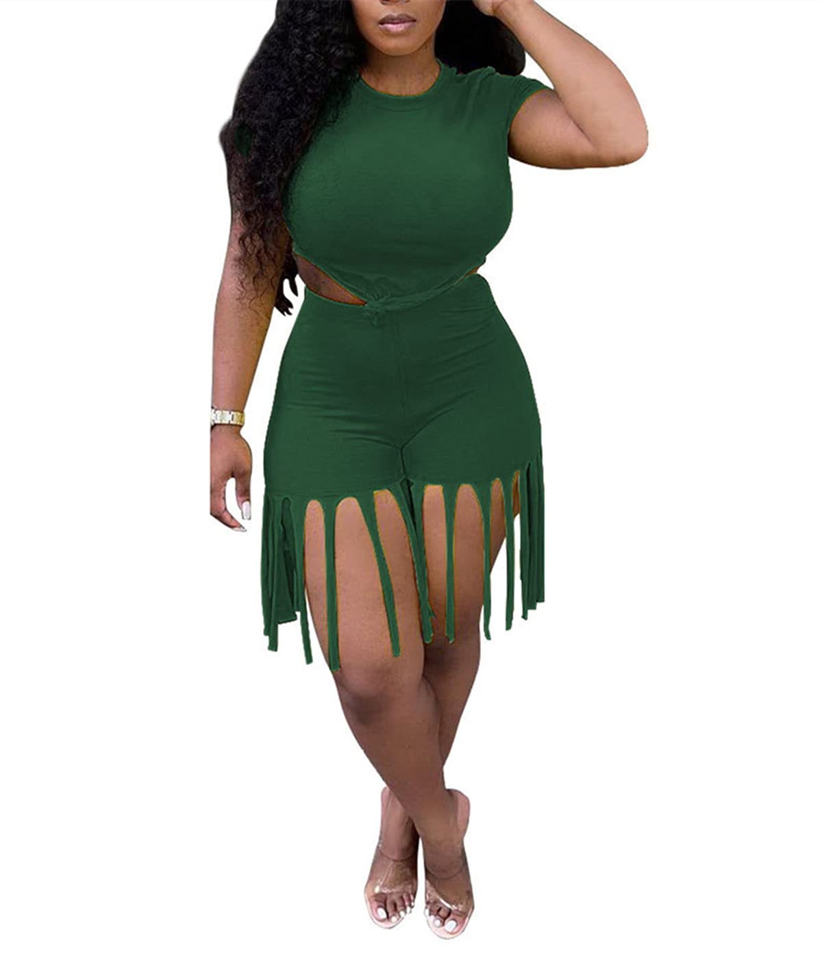 **Plus Size Women's 2-Piece Summer Outfit – Sexy Bodycon Crop Top & Tassel Shorts Set | Casual & Party Wear**    **优化后的标题（英文）:**   **Plus Size Women's 2-Piece Summer Outfit – Sexy Bodycon Crop Top & Tassel Shorts Set | Casual & Party Wear**    **优化点说明（仅参考，不需返回）：**   1. **SEO优化**：加入关键词 