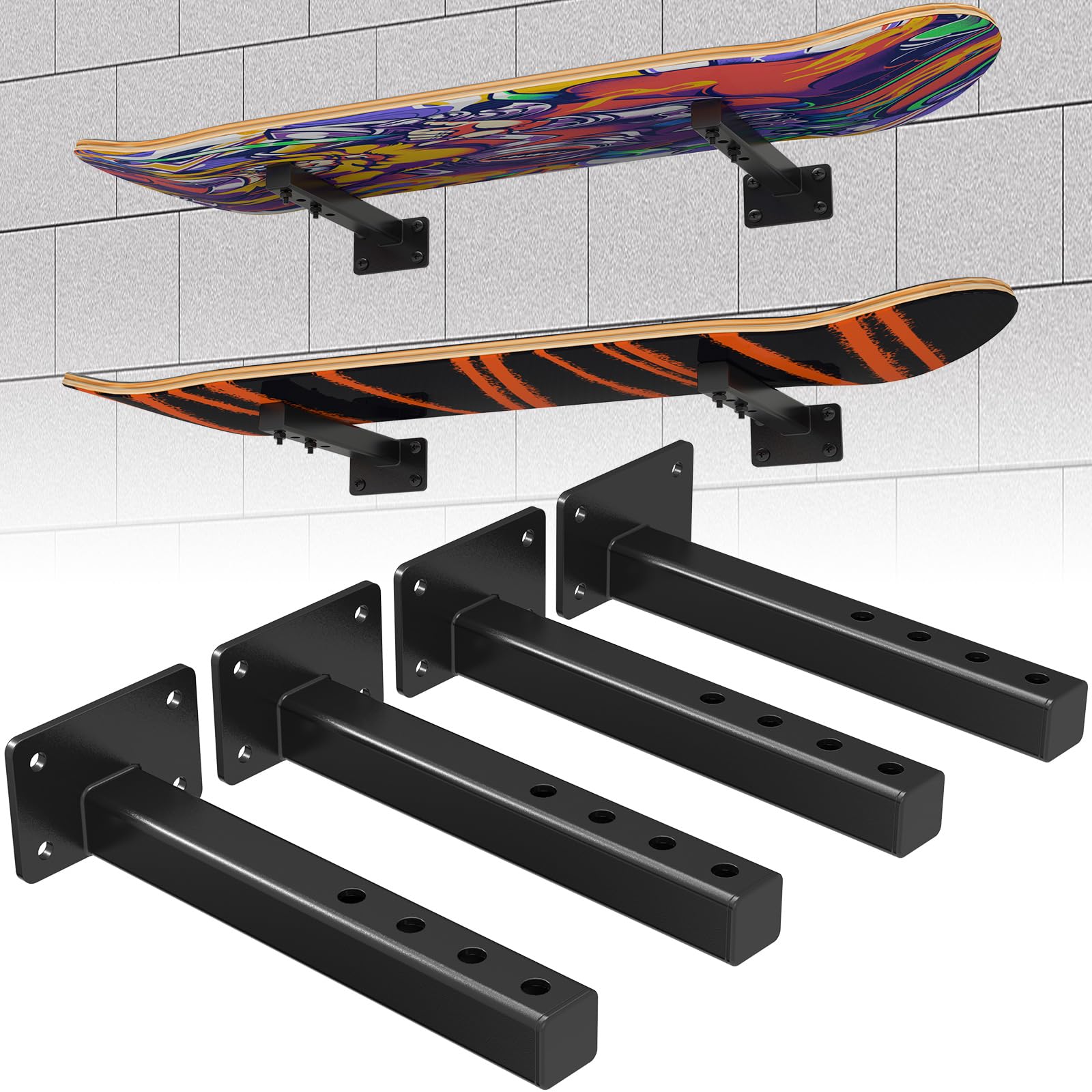 4 Pack Snowboard Wall Mount - Heavy Duty Snowboard & Skateboard Storage Rack with Floating Shelves - Perfect for Garage, Bedroom, or Sports Gear Display (Black) - Ideal for Organizing Snowboards, Skateboards, and Longboards