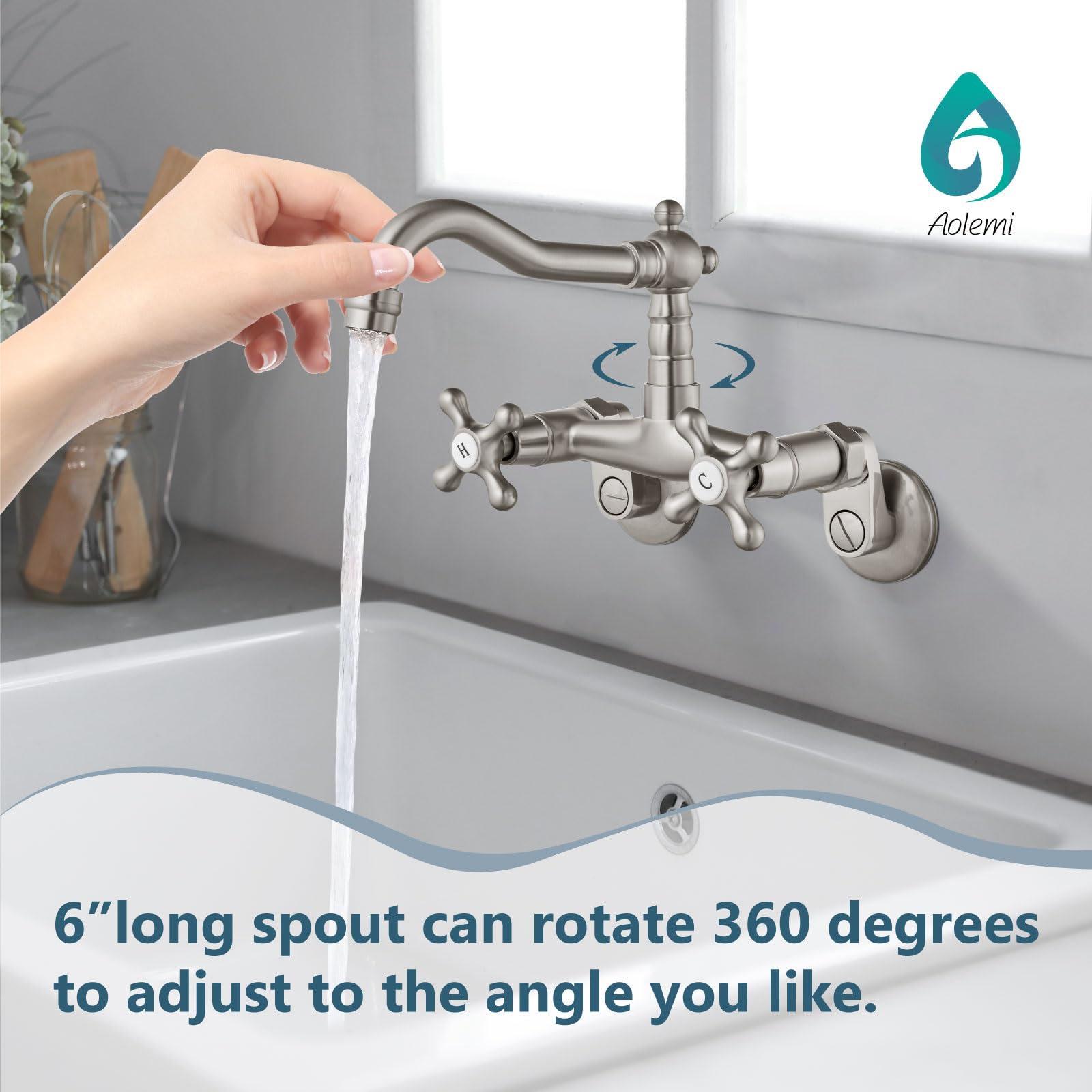 Aolemi Brushed Nickel Wall Mounted Kitchen Faucet with 2 Cross Handles & 6