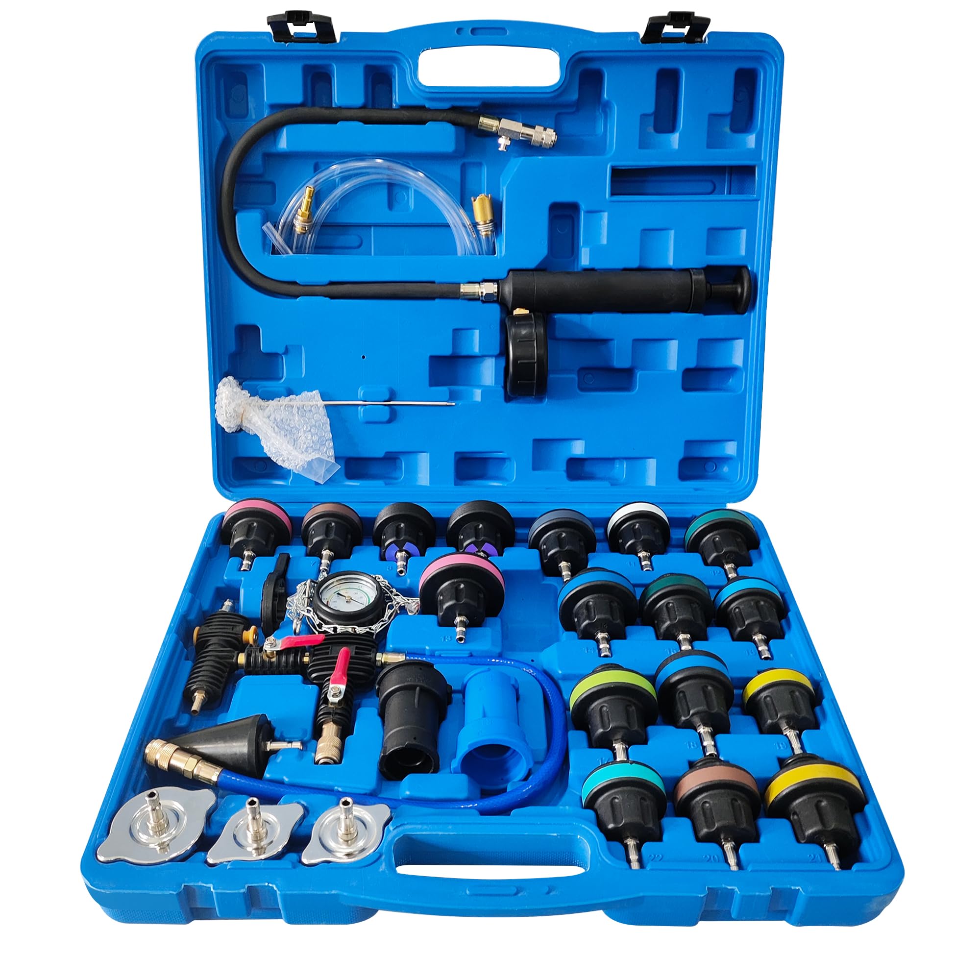 MKING 28PCS Universal Radiator Pressure Tester Kit - Coolant System Vacuum Purge & Leak Detection Tool Set for Car, Truck & SUV Maintenance | Perfect for Flushing, Refilling & Diagnosing Cooling System Issues
