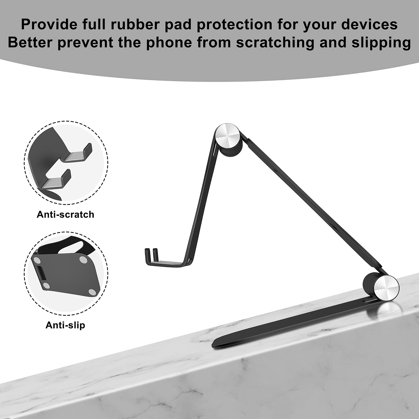 Upgraded Aluminum Phone Stand for Desk - Adjustable & Foldable Tablet Holder for iPhone, iPad, Smartphones 4-13 Inch - Portable Cradle Dock for Office, Home, Bedside, Travel (Black)