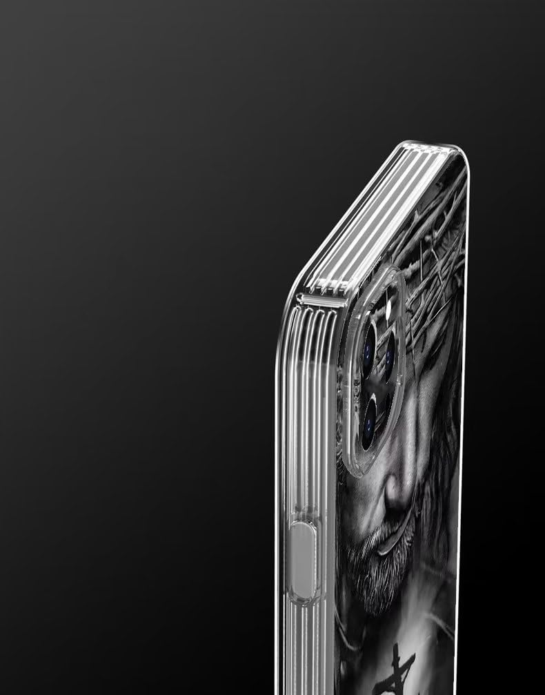 Christian iPhone 15 Plus Phone Case with Cross & Jesus Design - Shockproof Soft TPU Cover with 3 Side Stripes | Perfect for Church, Bible Study & Faith-Based Gifts