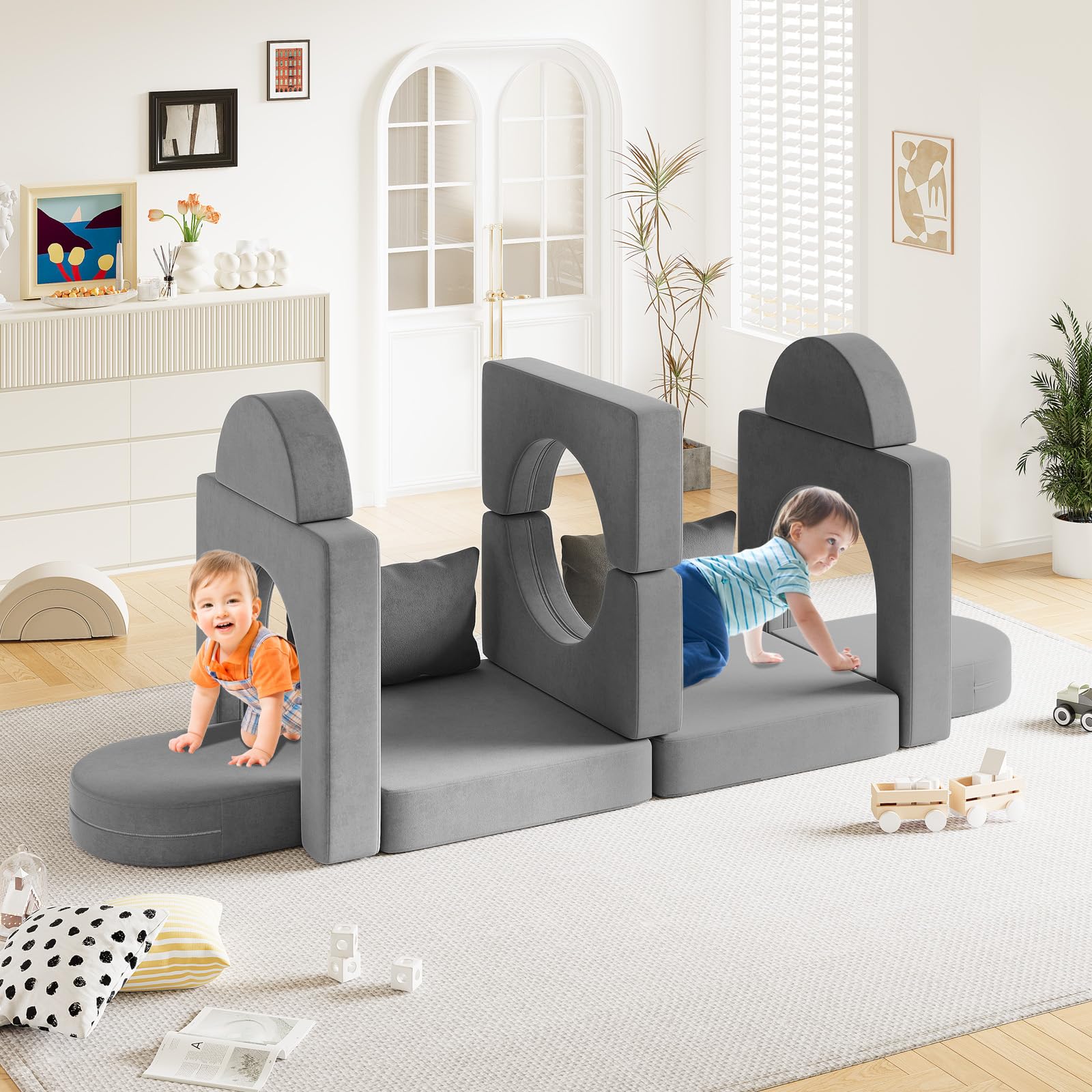 Linor Toddler Couch - 12-Piece Kids Sofa Set with 2 Pillows & Play Tunnel | Foldable Foam Couch for Playroom, Bedroom & Nursery | Creative Play Furniture for Toddlers & Babies (Grey) - Perfect for Pretend Play, Reading Nook & Cozy Relaxation