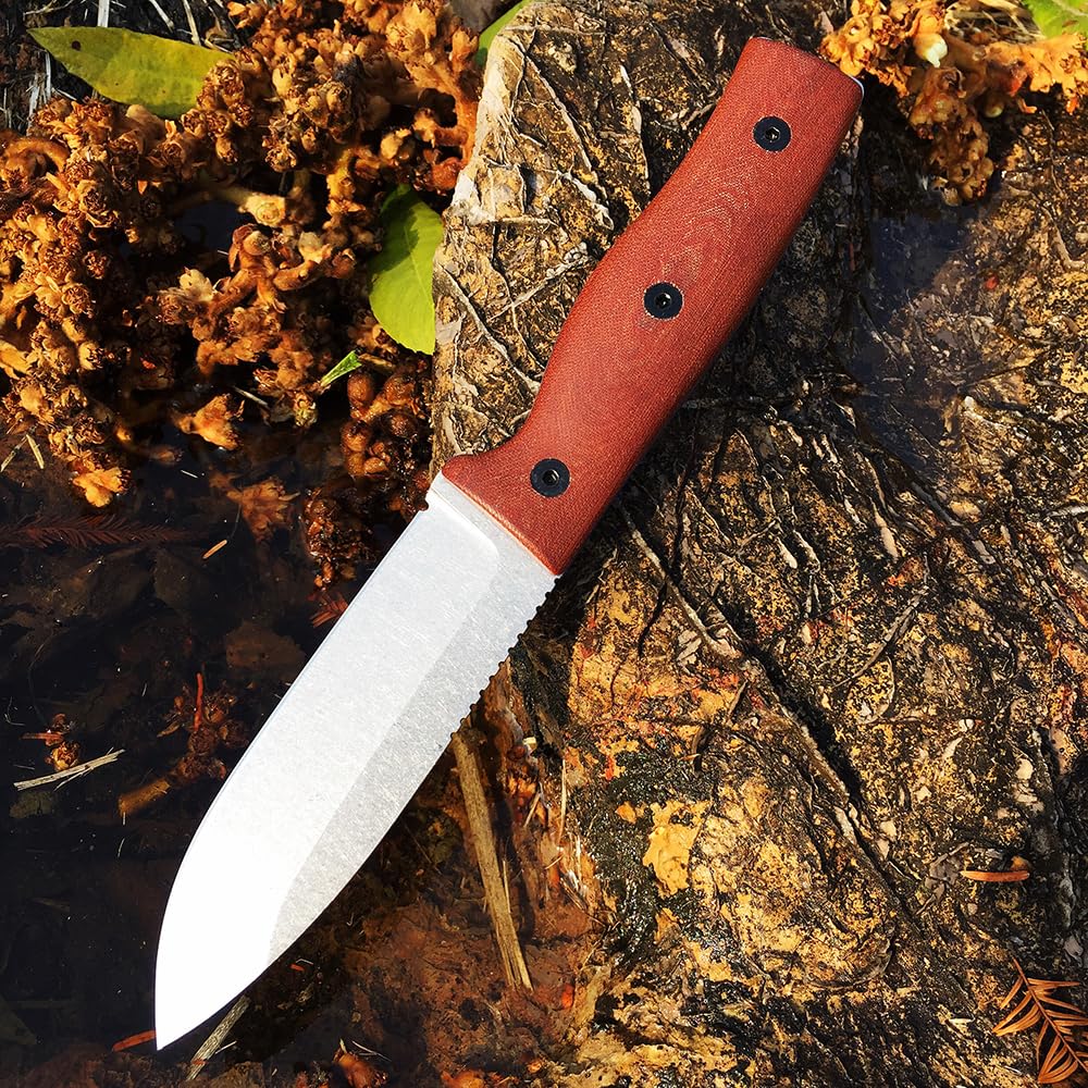WATCHMAN F017 9.45 Inch D2 Steel Fixed Blade Hunting Knife with Kydex Sheath - Full Tang Bushcraft Survival Knife with Micarta Handle for Camping, Fishing, Outdoor Adventures (Areca Palm, Black)