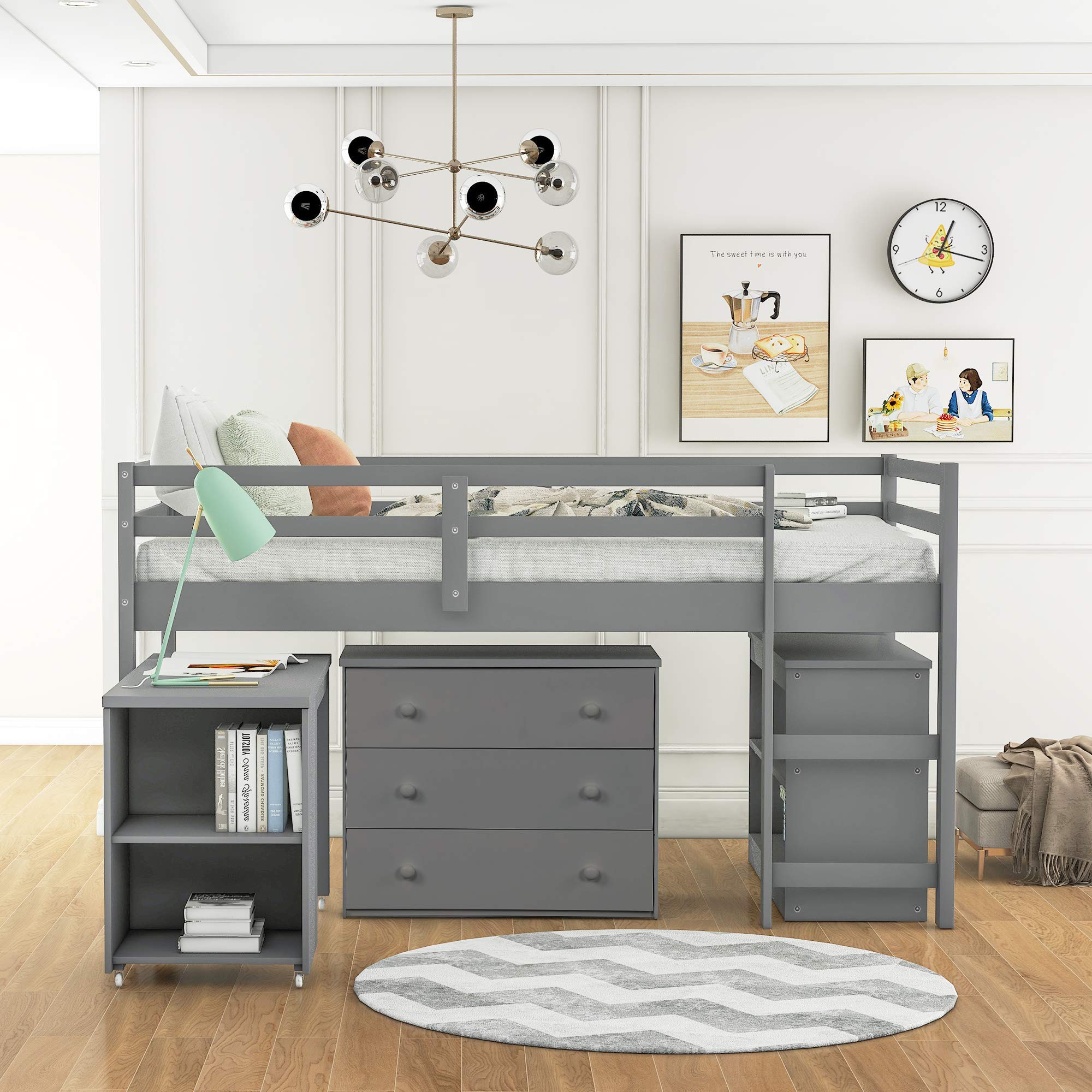 Twin Size Loft Bed with Desk and Cabinet - Low Study Loft Bed Frame for Kids & Teens, Gray - Perfect for Small Rooms, Dormitories & Space-Saving Kids Bedrooms