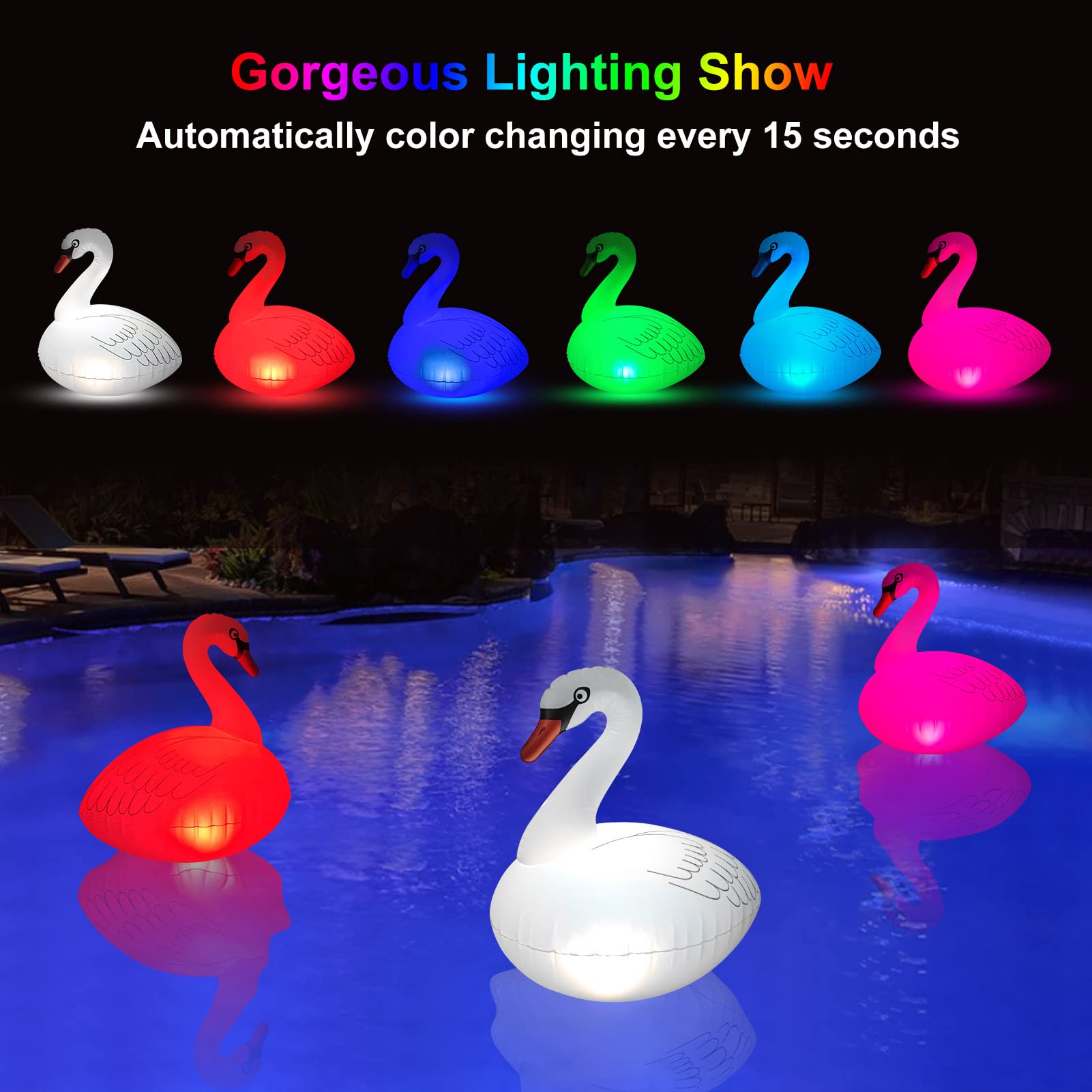 Swan Floating Solar Lights - Waterproof Inflatable Color Changing LED Pool Lights for Beach, Garden, Backyard, Pond, and Outdoor Parties