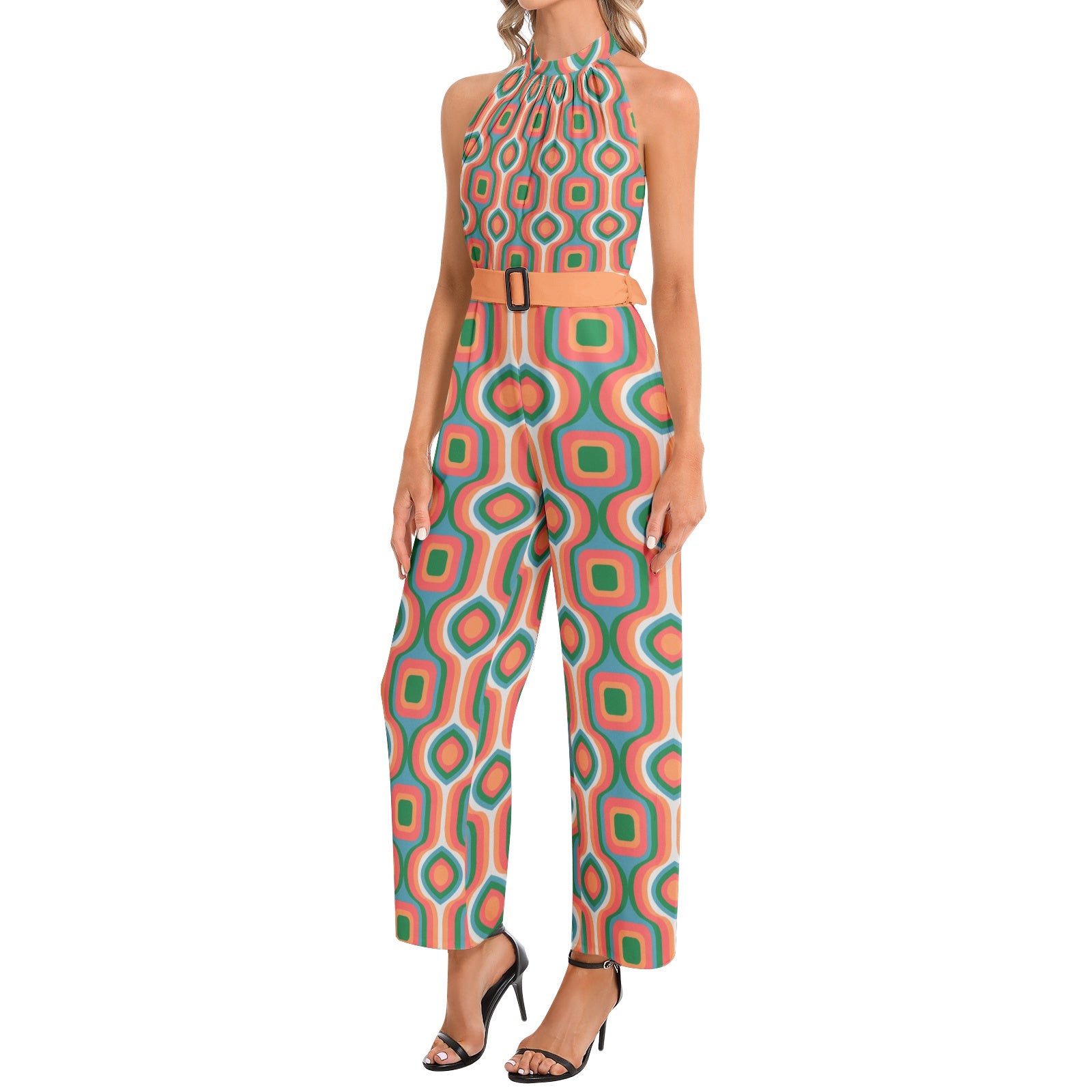 Vintage Retro Halter Neck Jumpsuit with Buckle Belt - 70s Inspired Fashion for Women | Perfect for Parties, Festivals & Casual Wear