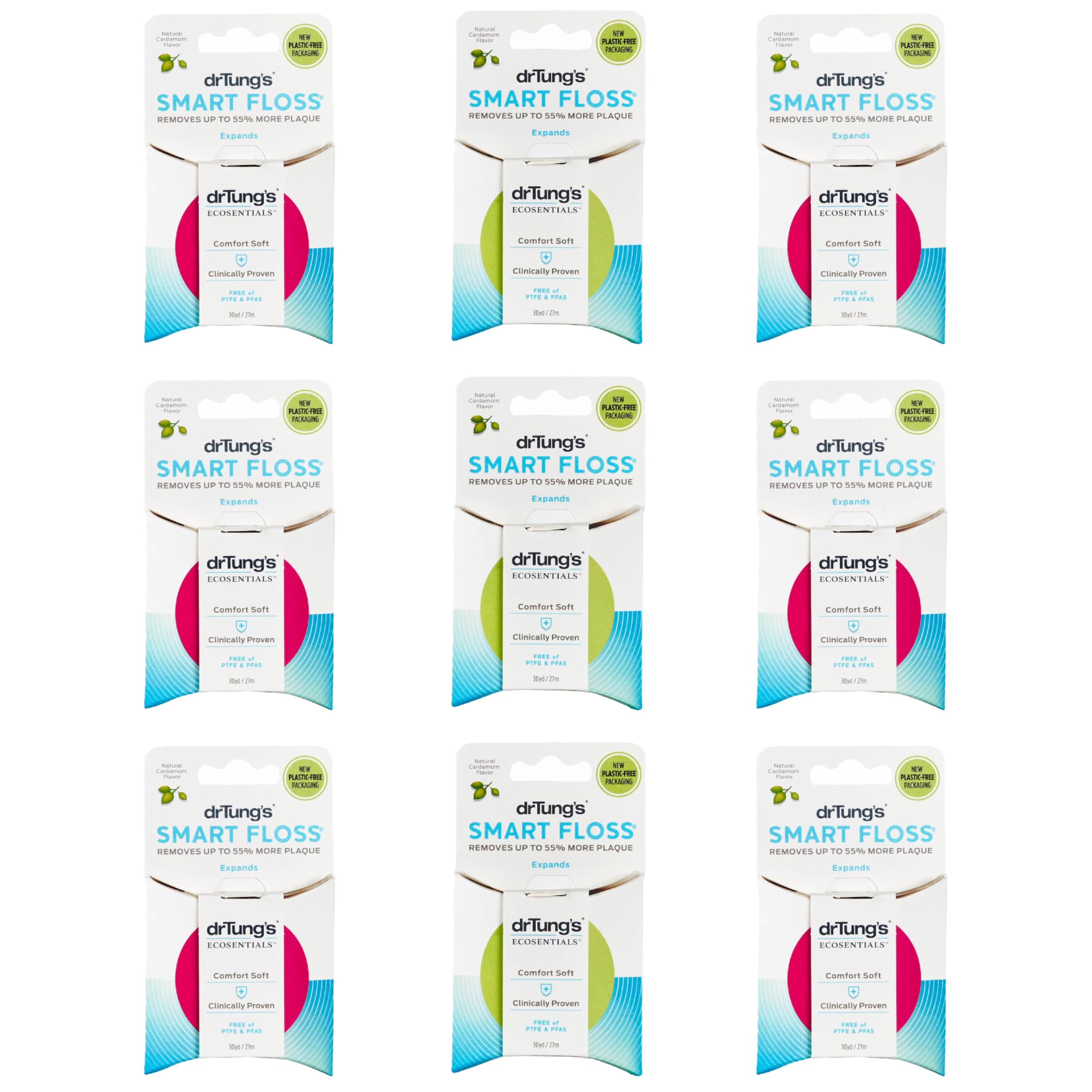 DrTung's Smart Floss - Natural Expanding Dental Floss | PTFE & PFAS Free, BPA Free | Gentle on Gums | Cardamom Flavor (9 Pack) | Perfect for Travel, Home & Office Use