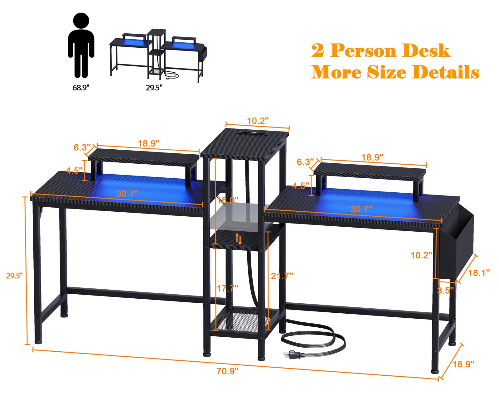 Furologee 71 Inch LED Gaming Desk for 2 Players - Dual Computer Desk with Power Outlets, Monitor Stand, Storage Bag & Headphone Hooks - Perfect for Home Office, Study & Writing | Ideal for Gamers, Remote Work & Small Spaces (Black)