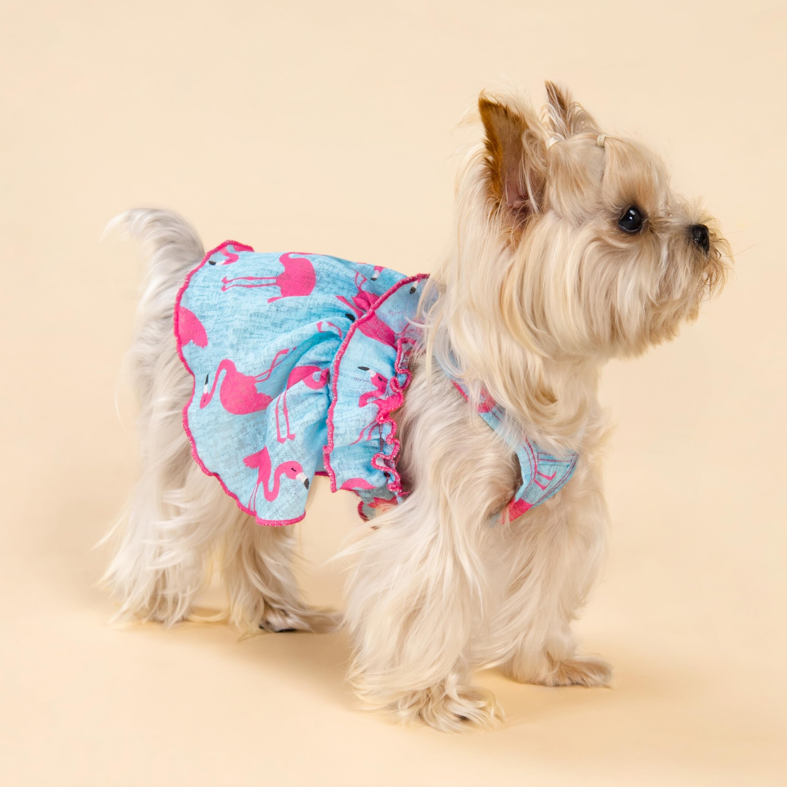 Fitwarm Flamingo Print Dog Dress - Summer Hawaiian Ruffled Sundress for Small Dogs | Cute Pet Outfit in Blue & Pink | Perfect for Beach, Parties & Outdoor Adventures
