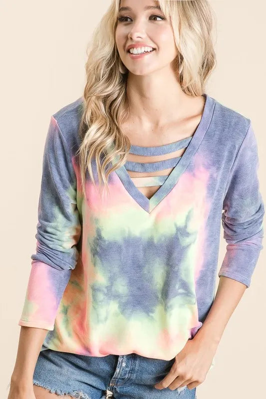 BiBi Tie Dye French Terry V-Neck Strapped T-Shirt for Women | Soft Casual Summer Top | Perfect for Beach, Music Festivals & Everyday Wear