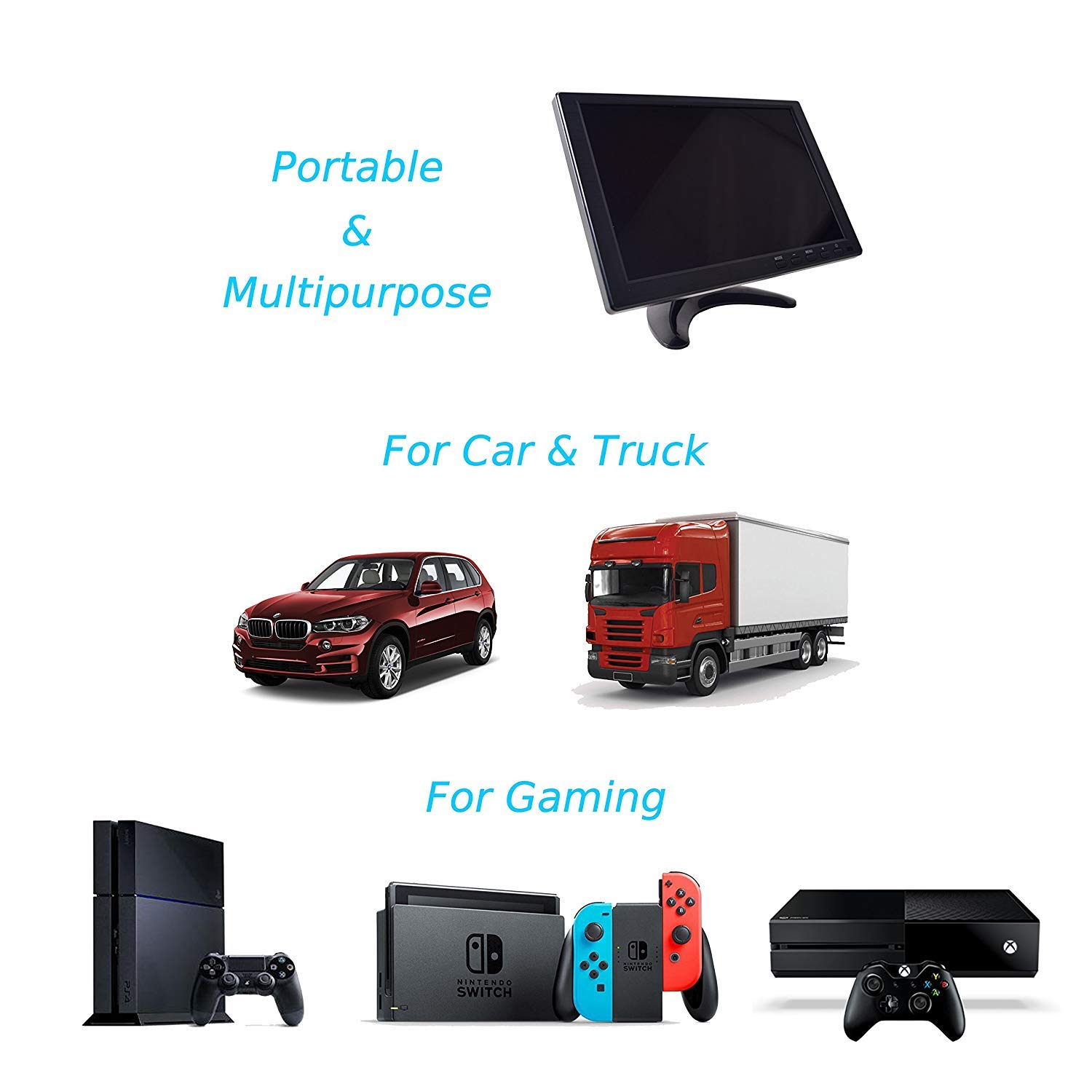 10.1 Inch HD Gaming Monitor - IPS LED Screen 1280x800 for NES, SNES, PS3, PS4, Xbox, PC & Nintendo Switch | Car Backup System with DC 12V Input | MP5 Media Player with Built-in Speaker | HDMI, VGA, AV & USB Video Inputs | Perfect for Gaming, Car Rear View & Multimedia Entertainment