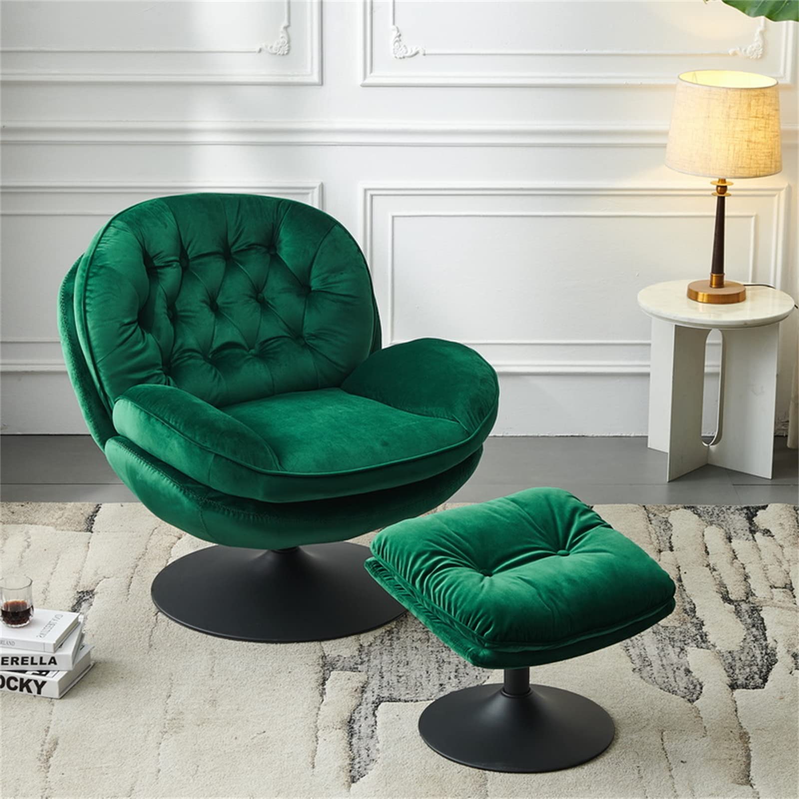 Velvet Swivel Accent Lounge Chair with Ottoman - Cozy Modern Living Room Chair for TV Watching, Reading & Relaxing - Upholstered Lazy Sofa for Bedroom, Living Room & Reading Nook (Green)