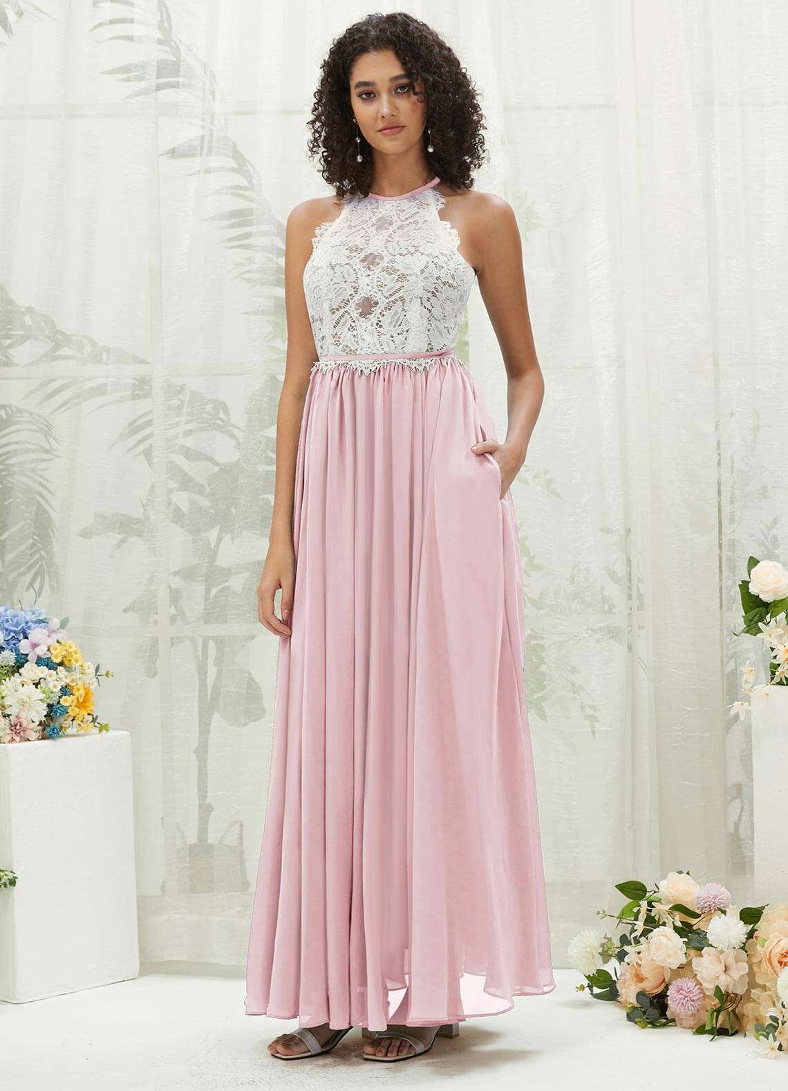 Elegant Blush Pink Lace Halter Neck Backless Chiffon Bridesmaid Dress with High Slit - Perfect for Weddings, Formal Events & Special Occasions