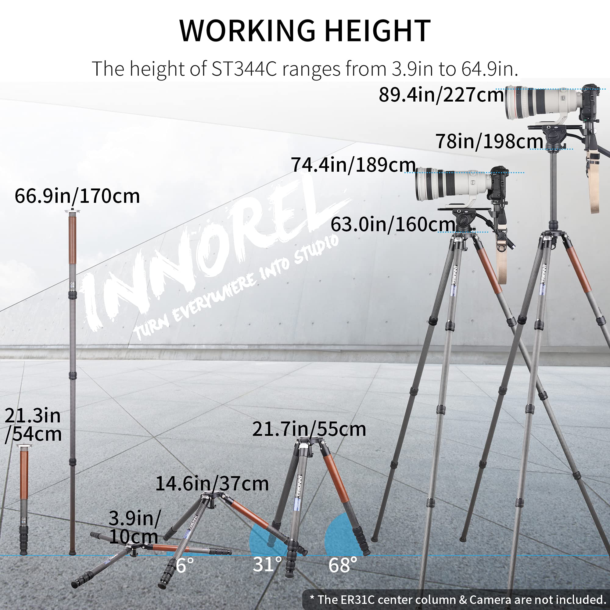 INNOREL ST344C Professional Carbon Fiber Tripod - Heavy Duty Camera Stand with 75mm Bowl Adapter, 34.4mm Tube Legs, 77.2 lbs Load Capacity (35kg), 63