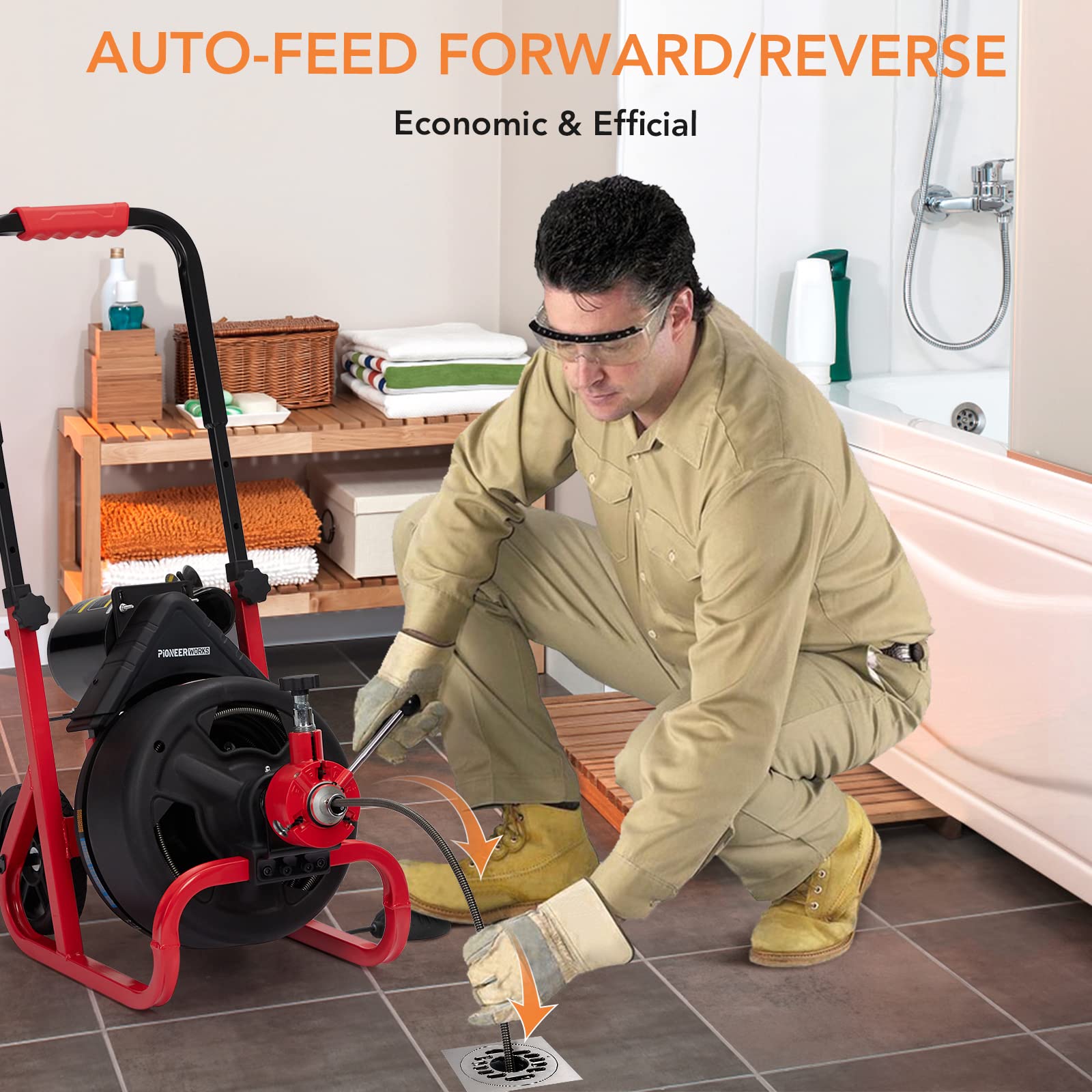PioneerWorks 75Ft x 1/2 Inch Professional Electric Drain Auger Cleaner Machine - Auto-Feed Sewer Snake for 2 to 4 Inch Pipes with 6 Cutters & Gloves - Perfect for Clogged Sinks, Showers, Bathtubs, and Toilet Drain Cleaning
