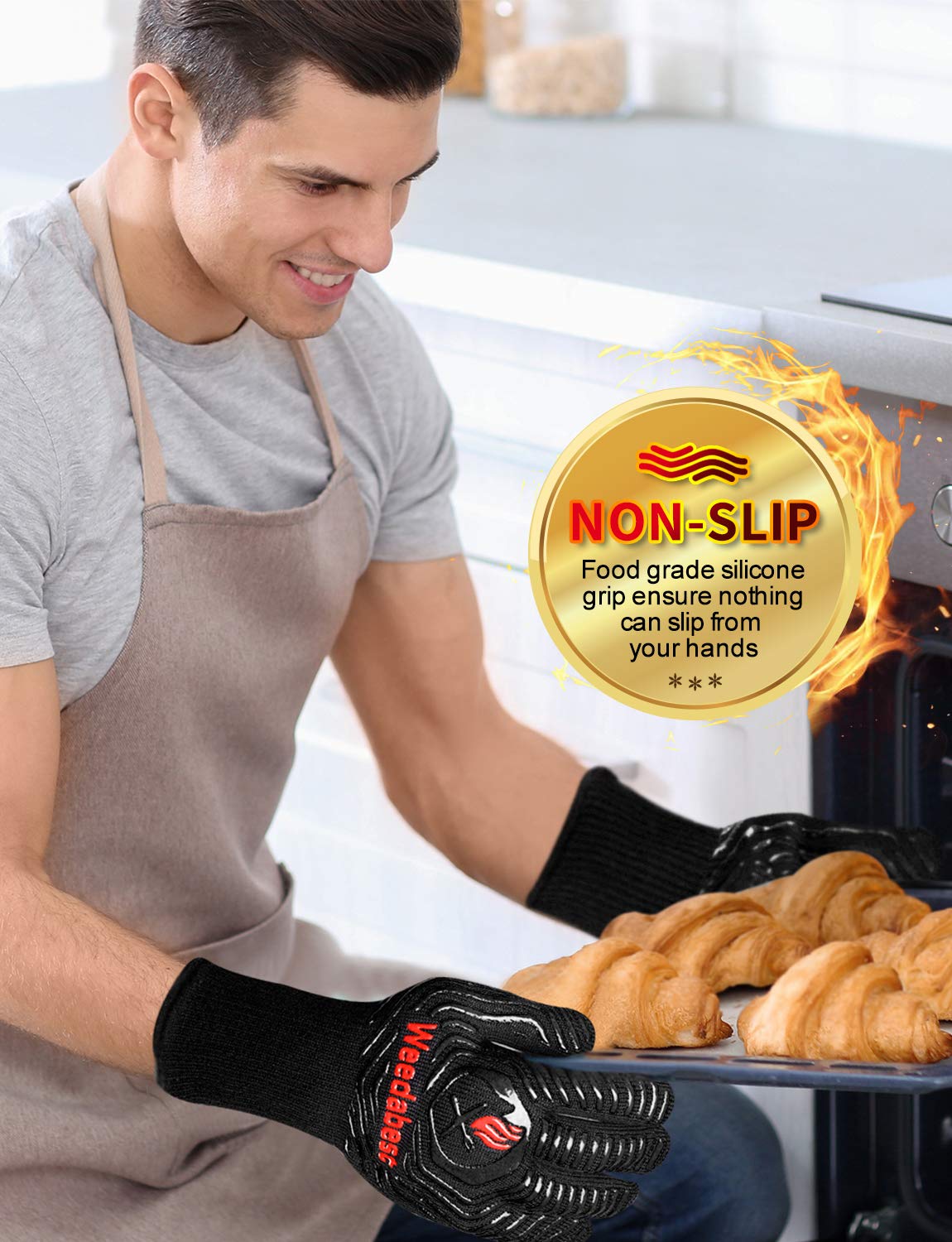 WEEDABEST Heat Resistant BBQ Gloves - 13.5 Inch Professional Oven Mitts for Grilling, Smoking, Barbecue & Kitchen Use - Black (Ideal for Outdoor Cooking, Camping & Hot Food Handling)