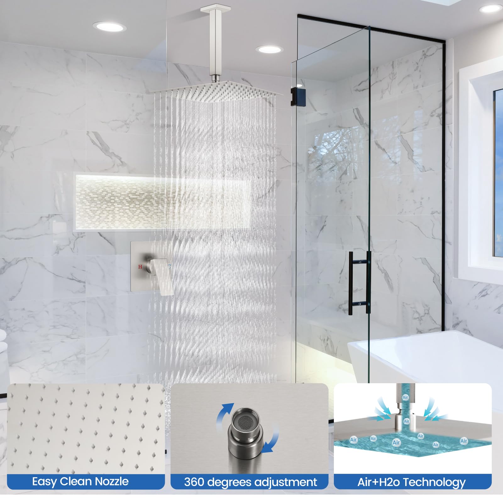 Airuida Brushed Nickel 12 Inch Square Rainfall Shower System - Single Function Ceiling Mount Shower Faucet Set with Male Threads & Rough-in Valve | Perfect for Modern Bathroom Renovations & Spa-Like Shower Experience