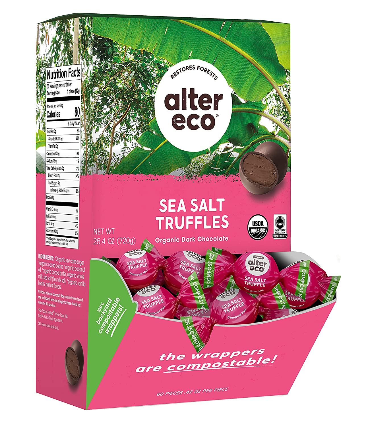 Alter Eco Organic Dark Chocolate Sea Salt Truffles - 60 Count Gourmet Vegan Truffles | Perfect for Gifts, Parties & Healthy Dessert Snacking
