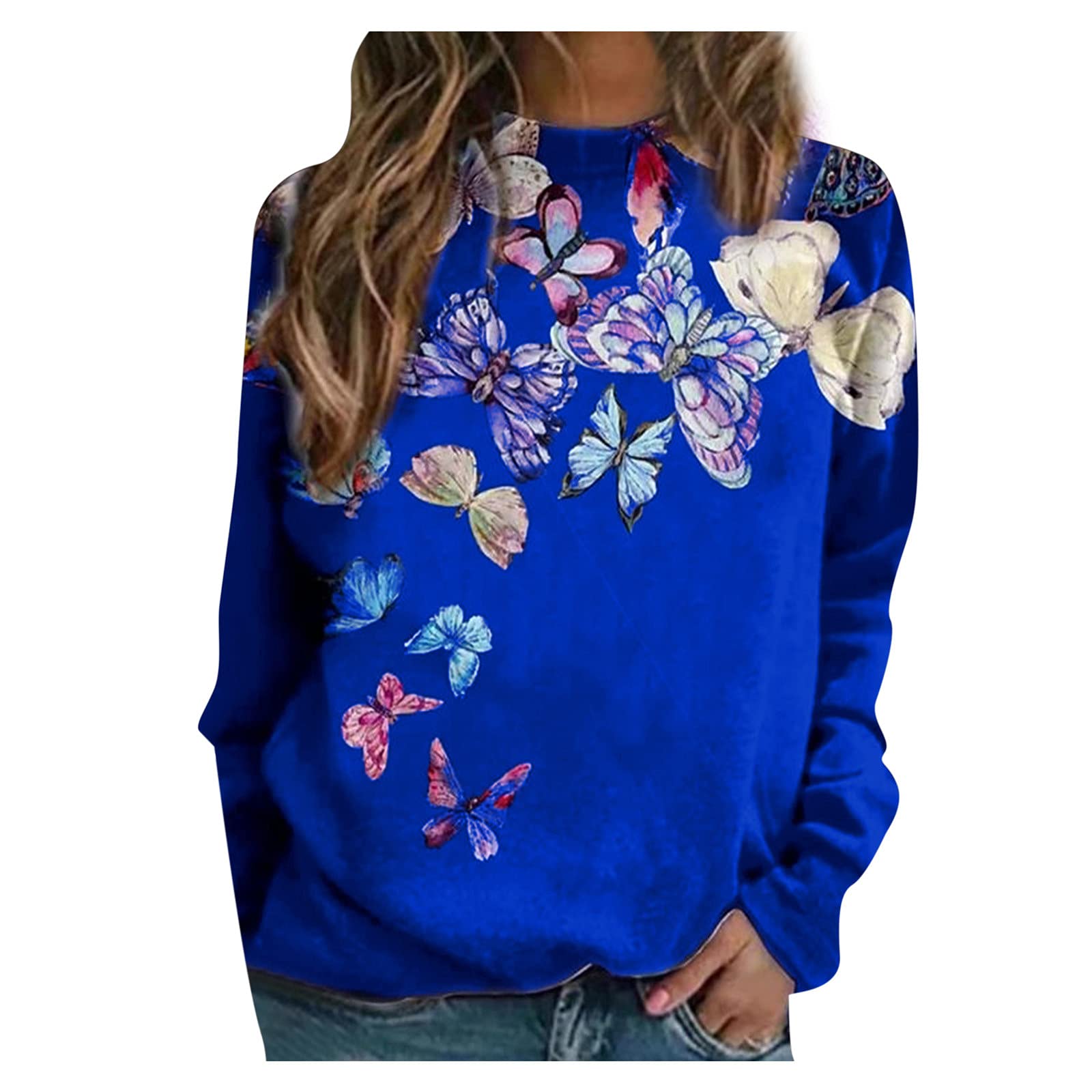 OJinShaWanO Women's Long Sleeve Butterfly Print Blouse - Casual Round Neck Tops for Women | Perfect for Office Wear, Date Nights & Spring Outfits