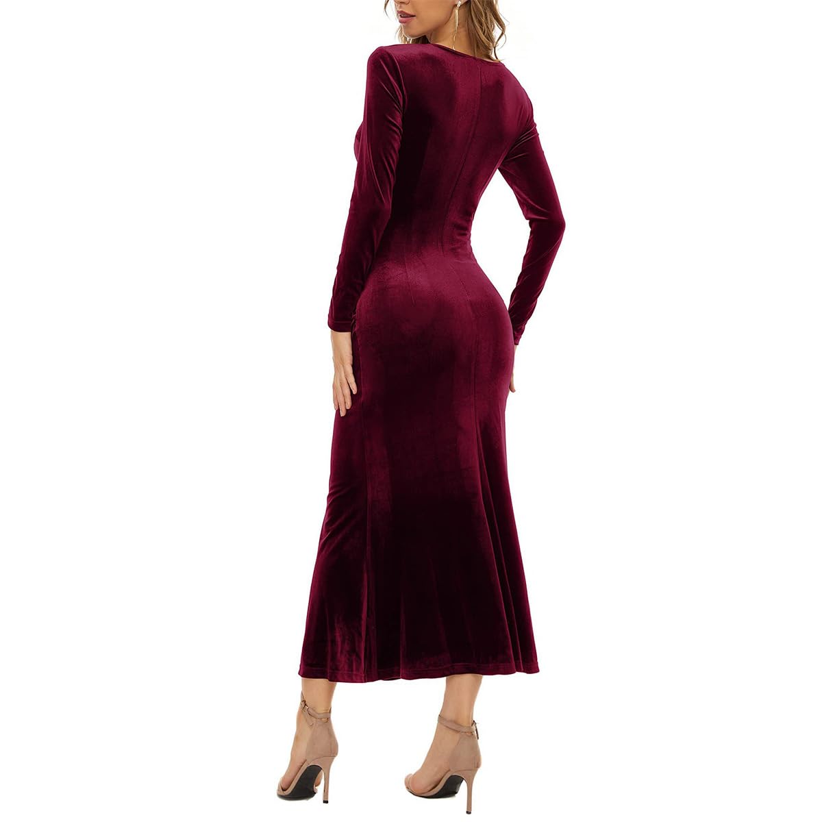 OBEEII Women's Velvet Wrap Dress - Long Sleeve V Neck Ruched Bodycon Formal Gown for Evening Party, Wedding Guest, Cocktail, Holiday & Special Occasions