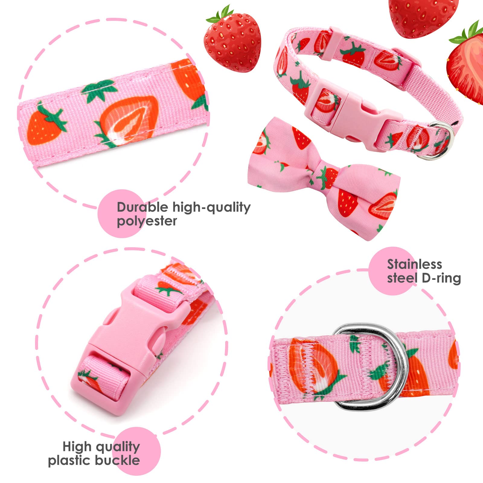 Azusa Pink Strawberry Bow Tie Dog Collar for Small Dogs - Adorable Pet Accessory for Parties, Photos & Special Occasions