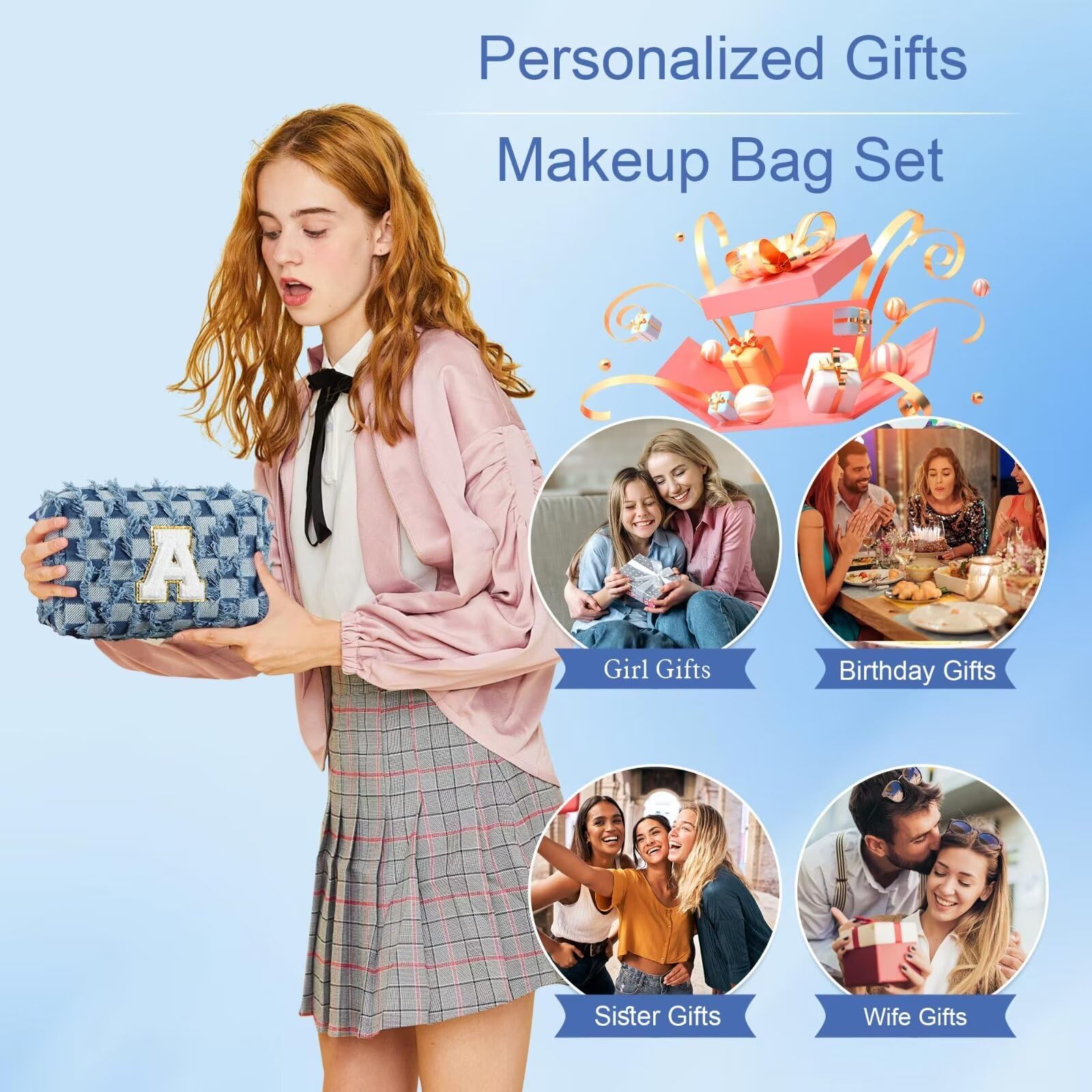 Personalized Monogrammed Makeup Bag for Women - Custom Initial Checkered Cosmetic Pouch - Unique Christmas & Birthday Gift for Her, Girlfriend, Mom, Daughter, Teens, Bridesmaids, Friends & Teachers | Perfect for Travel, Daily Use & Special Occasions