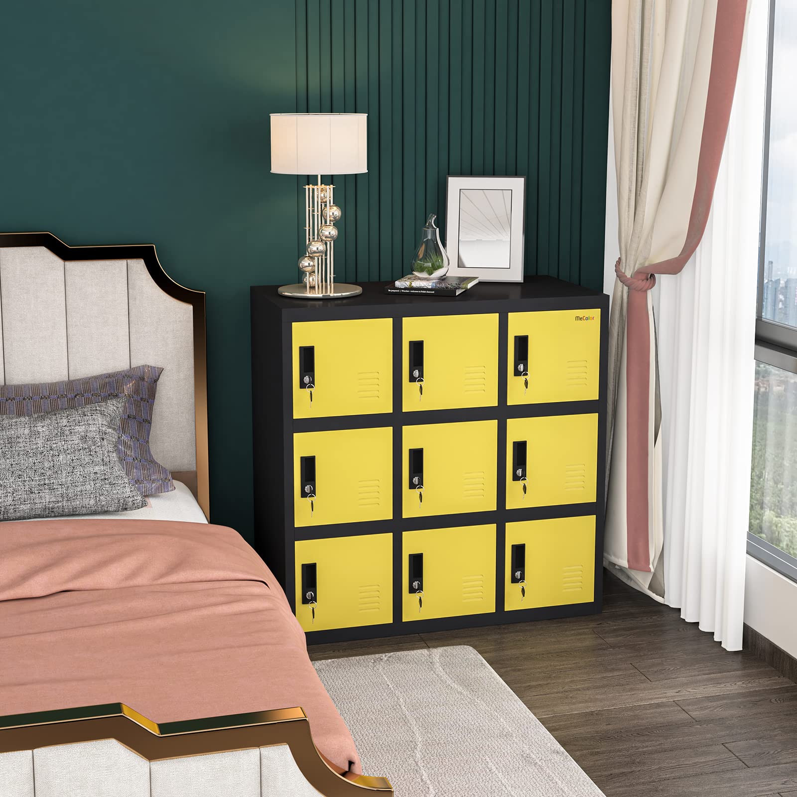 MECOLOR Metal Kids Locker for Girls & Boys - Playroom Storage Cabinet for Clothes, Toys, Books & Backpacks - Yellow 9D Organizer for Bedroom, Classroom & Daycare