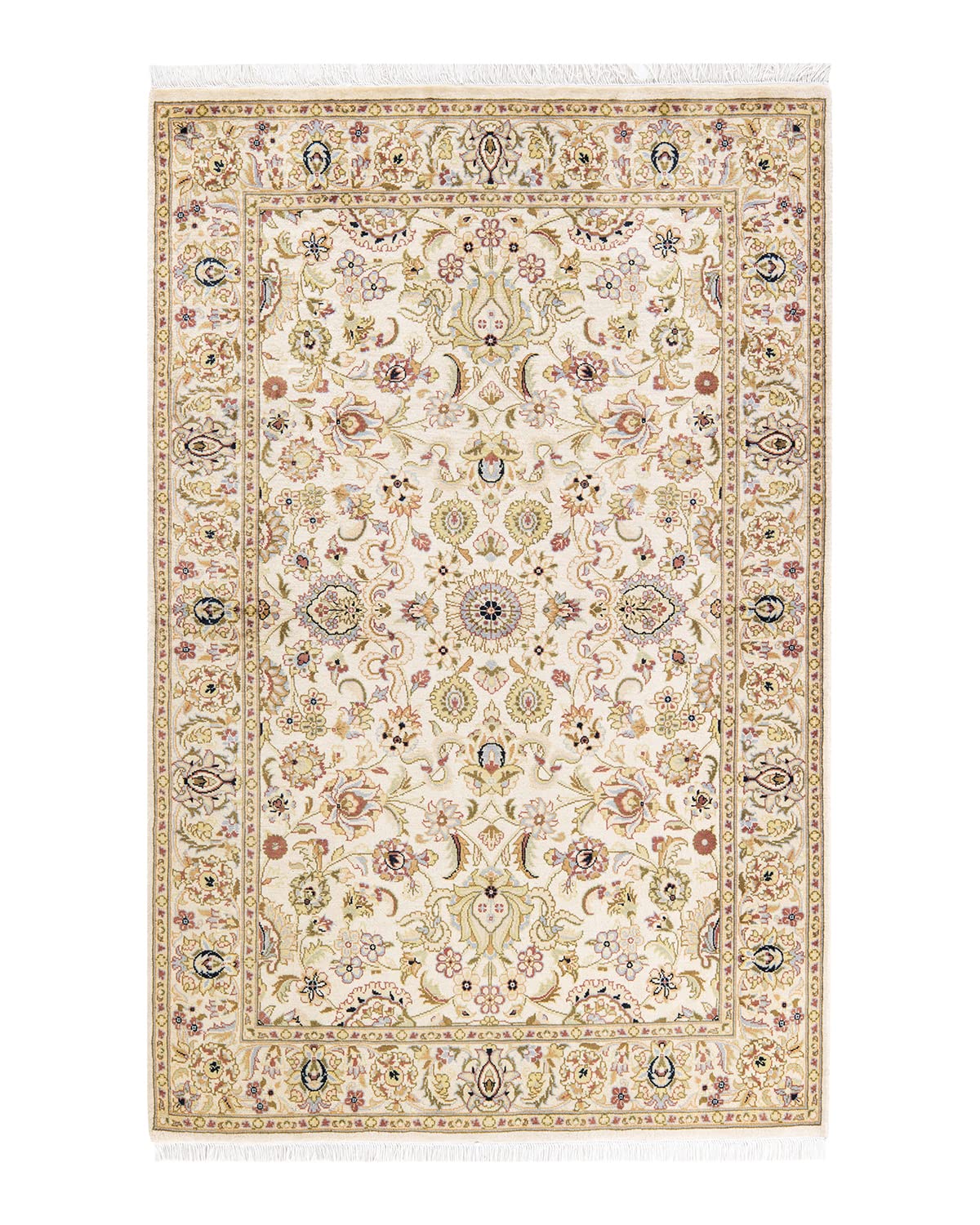 Handmade Wool Oriental Mogul Ivory 4x6 Area Rug - Traditional Hand-Knotted Solo Rugs for Living Room, Bedroom & Dining Room Decor