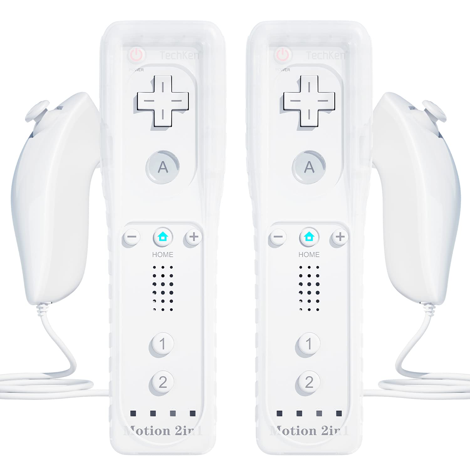 2 Sets TechKen Wii Remote Controller with Motion Plus & Nunchuck - Wireless Game Controller Replacement for Nintendo Wii (White) - Perfect for Family Gaming & Party Entertainment