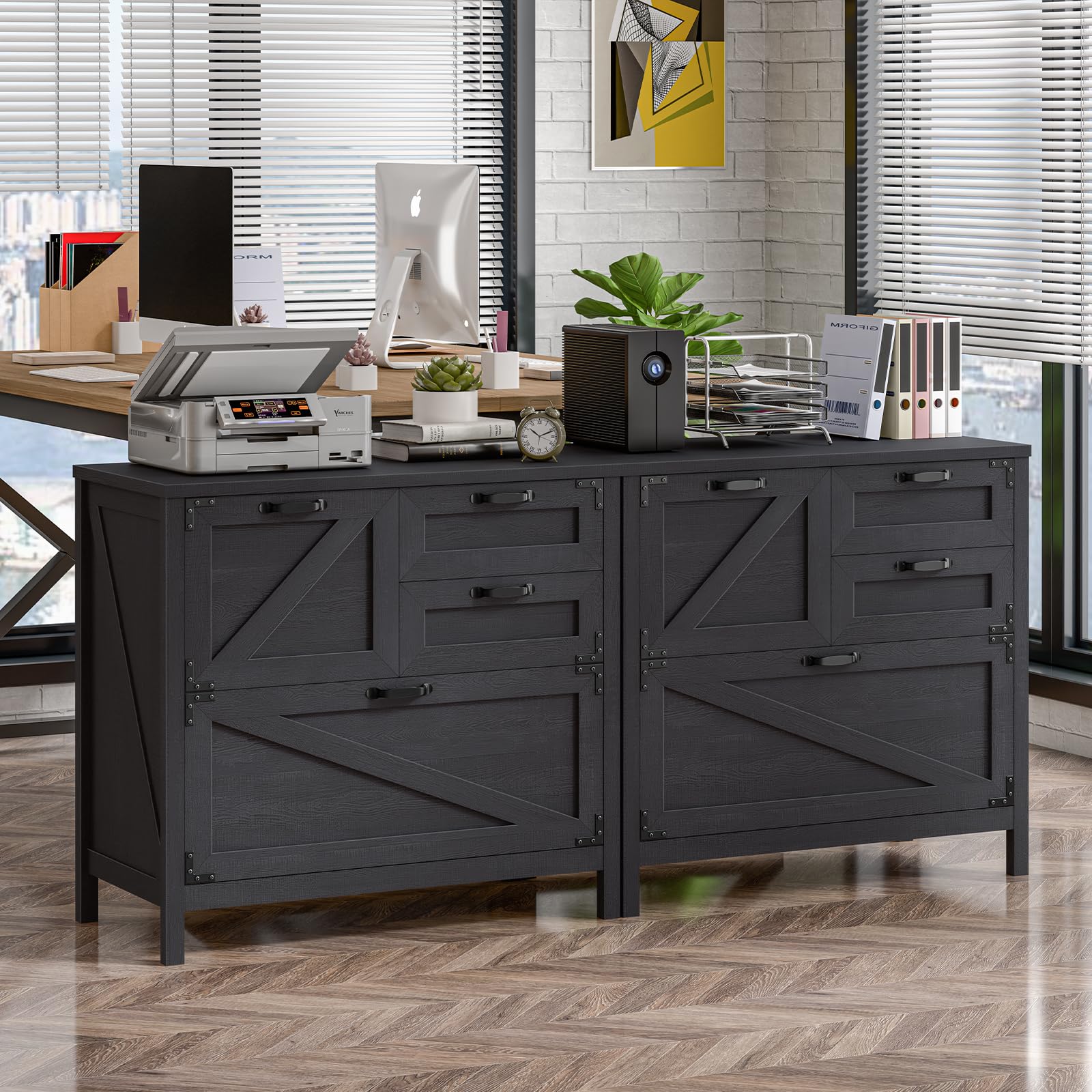 4-Drawer Wood Lateral File Cabinet for Hanging Files - Letter/A4/Legal Size - Farmhouse Office Storage Cabinet with Printer Stand - Black - Perfect for Home Office, School, and Business Organization