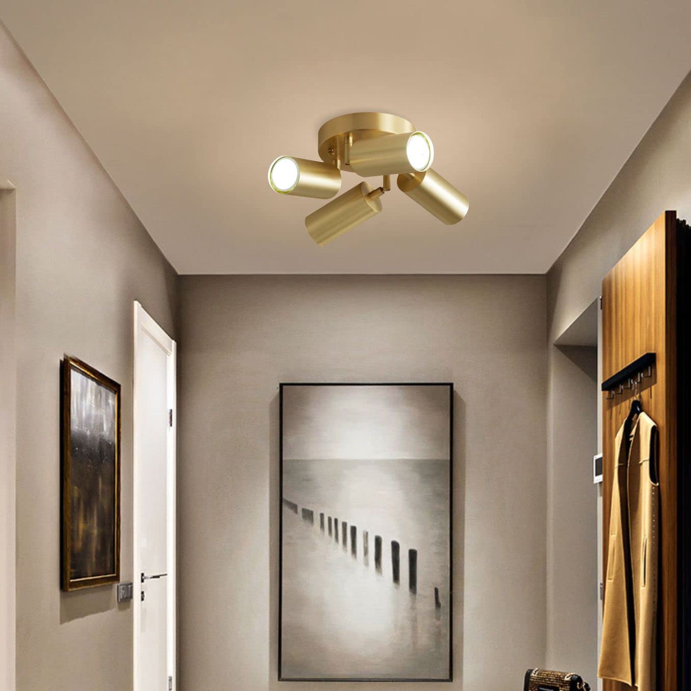 KCO Lighting Modern 4-Light LED Track Lighting Fixture - Adjustable Gold Brass Ceiling Spotlights with Rotatable Heads | Perfect for Kitchen, Living Room, Bedroom & Home Office Lighting