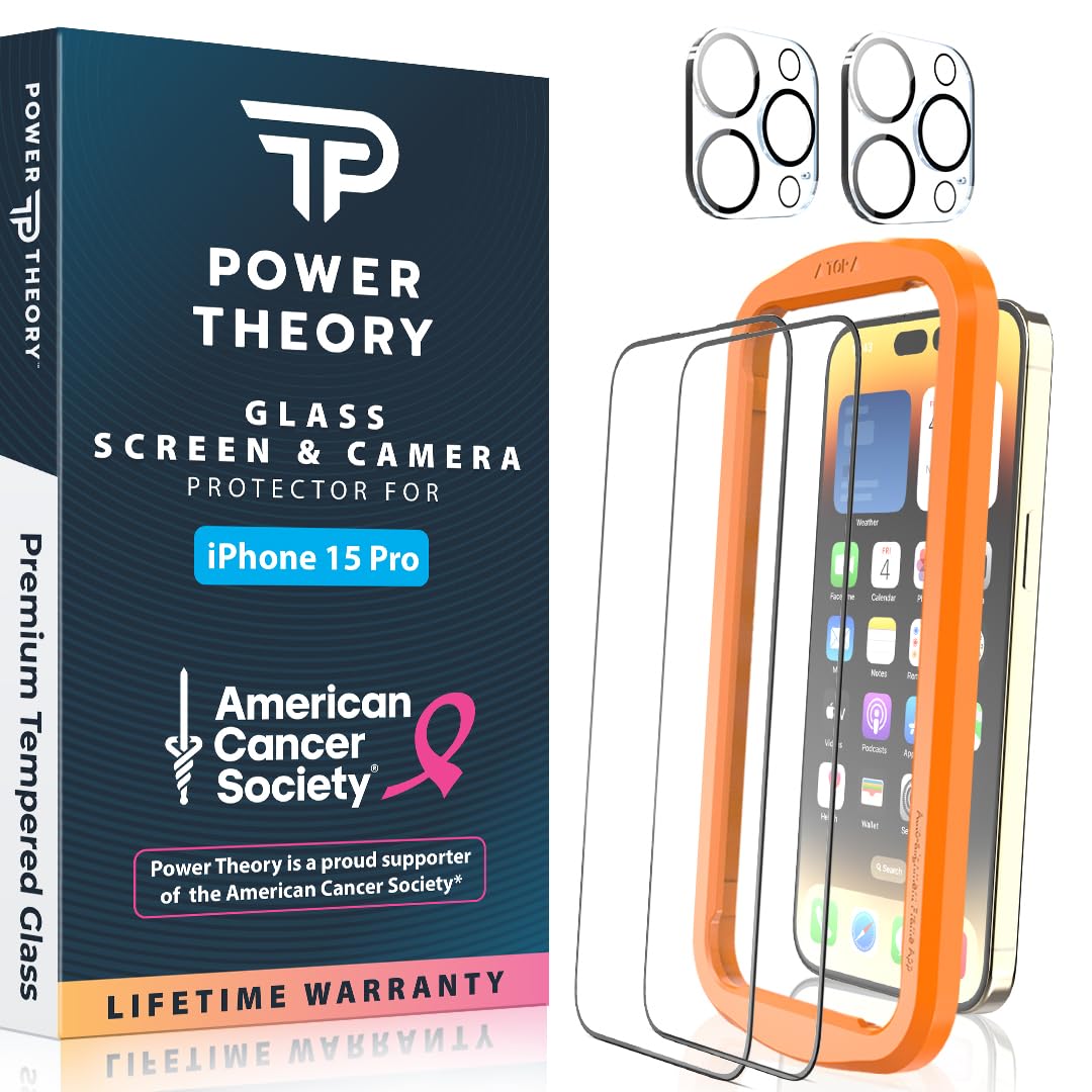 Premium Tempered Glass Screen Protector for iPhone 15 Pro with Camera Lens Protectors - 2 Pack, Easy Installation Kit, Case Friendly - Supports American Cancer Society - Perfect for Daily Protection & Outdoor Activities