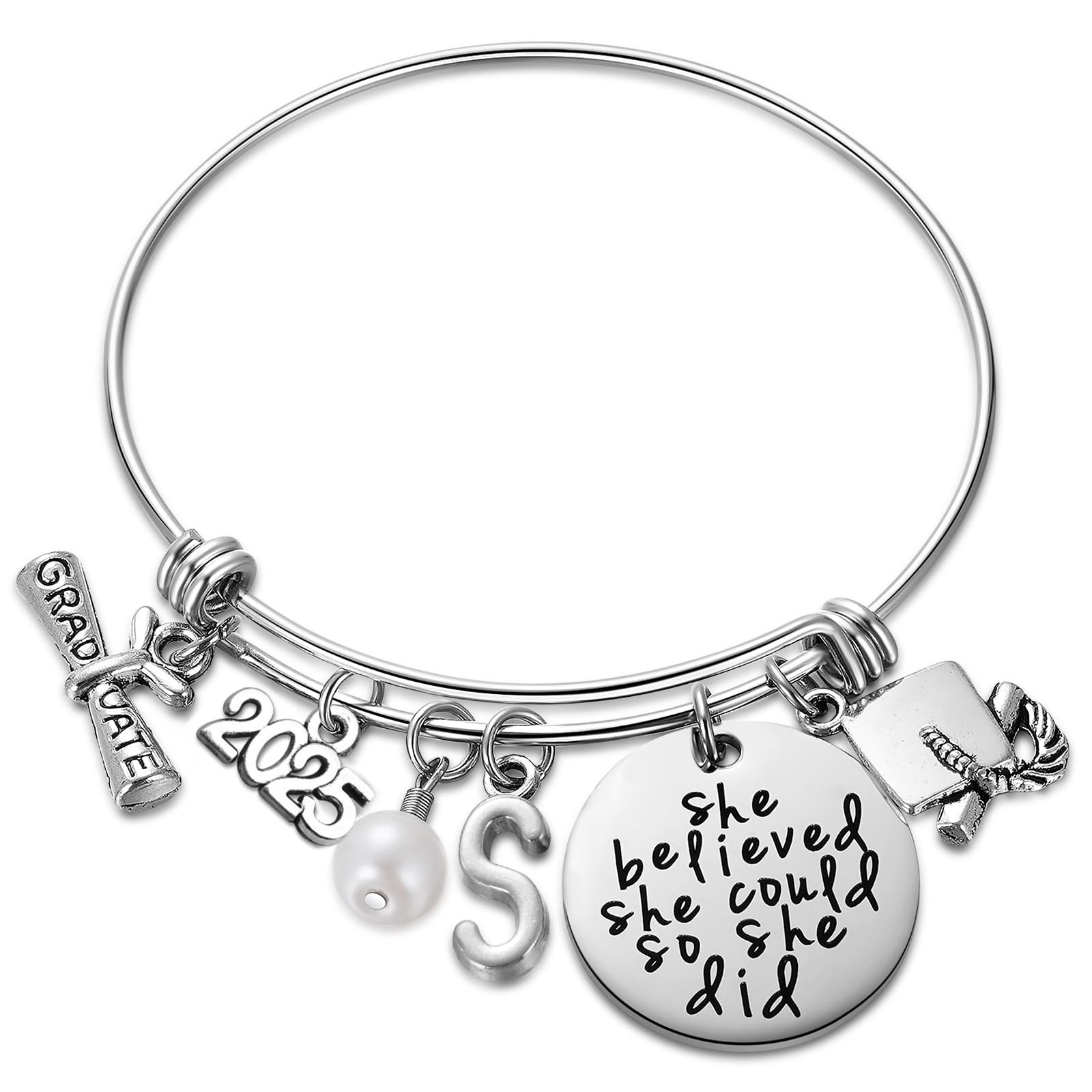 Ukodnus Class of 2025 Graduation Bracelet - Inspirational Senior Gift for High School & College Graduates - Personalized 26 Initial Charm Bracelet for Women - Perfect Graduation Party, Commencement & Achievement Celebration Gift