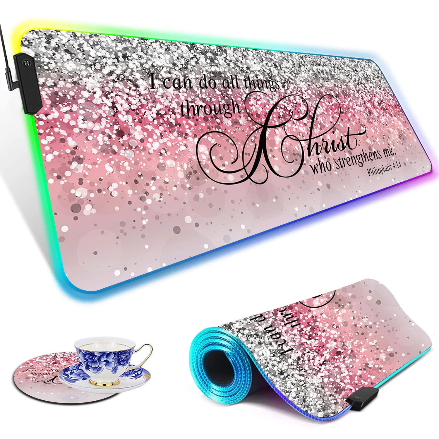 RGB Gaming Mouse Pad - Large LED Light-Up Desk Mat with Non-Slip Waterproof Surface | Purple Sparkle Glitter Design for PC, Laptop & Gaming Setup | Perfect for Gamers, Office & Home Workspace