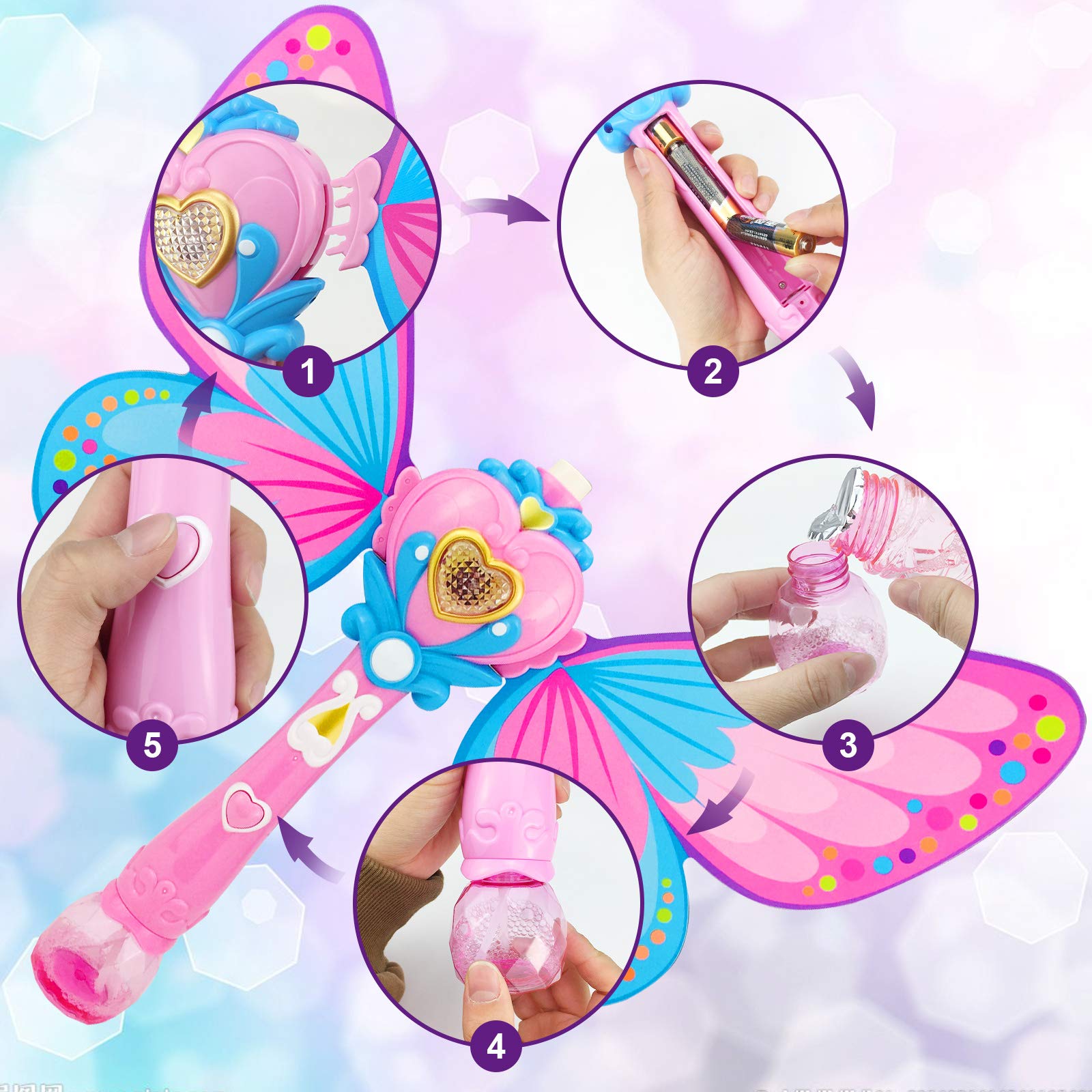 Butterfly Bubble Machine for Kids - Automatic Bubble Blower with Music & LED Lights, Includes 2 Bubble Refills - Perfect for Toddlers, Birthday Parties, Weddings, Outdoor & Indoor Play