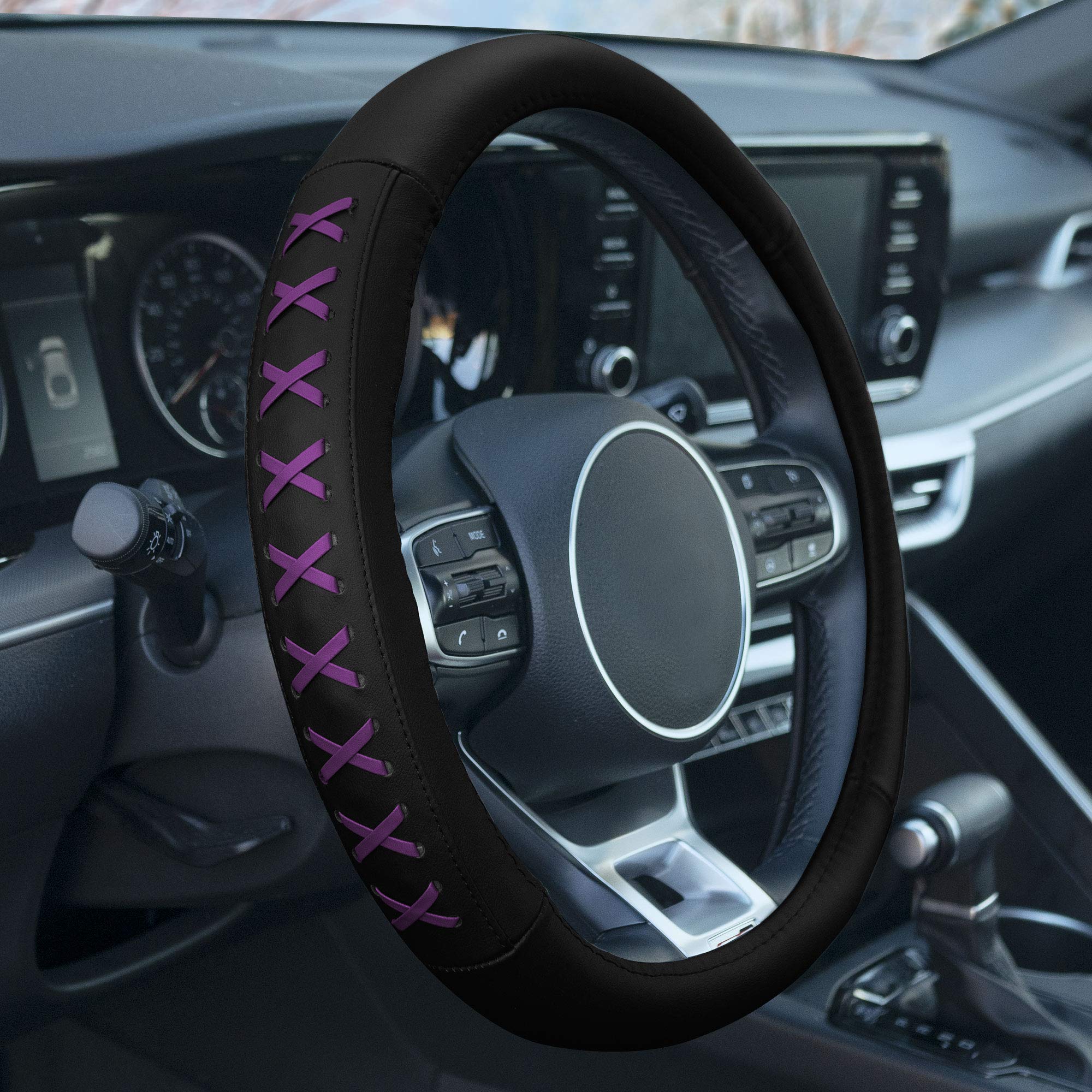 TLH Universal 15 Inch Purple Genuine Leather Steering Wheel Cover with Lace-Up Design - Non-Slip Grip, Easy Installation for Cars, Trucks & SUVs - Perfect for Driving Comfort & Vehicle Protection
