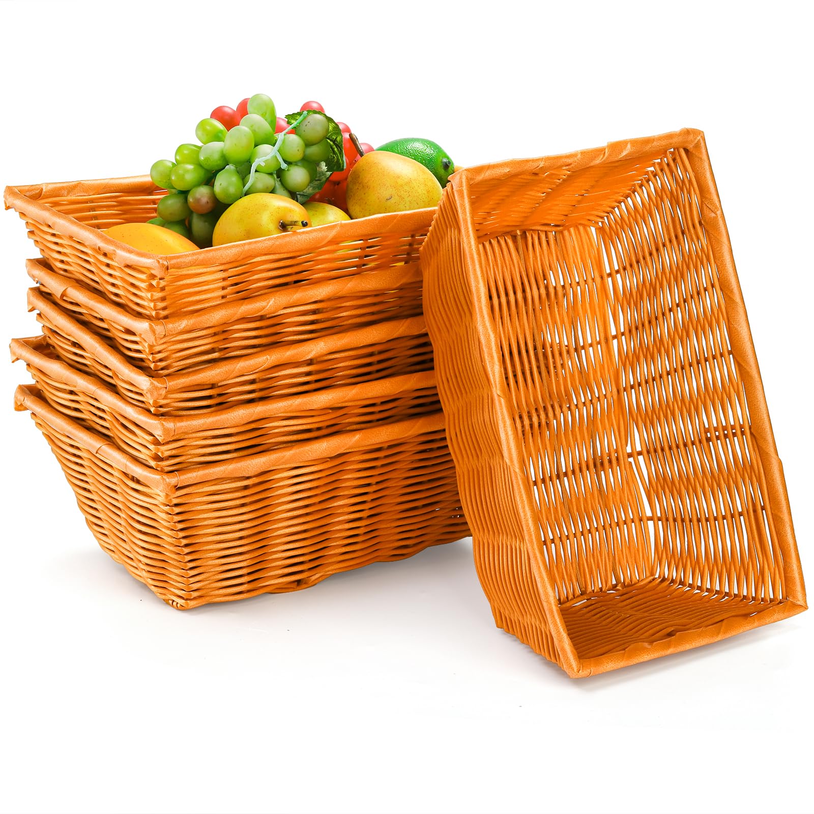 Coloch 6-Pack 12-Inch Plastic Woven Bread Baskets - Stackable Rectangle Serving Baskets for Fruits, Bread, Vegetables & Towels - Durable Imitation Rattan Design for Home, Restaurant & Outdoor Use - Perfect for Picnics, Dining Tables & Kitchen Storage