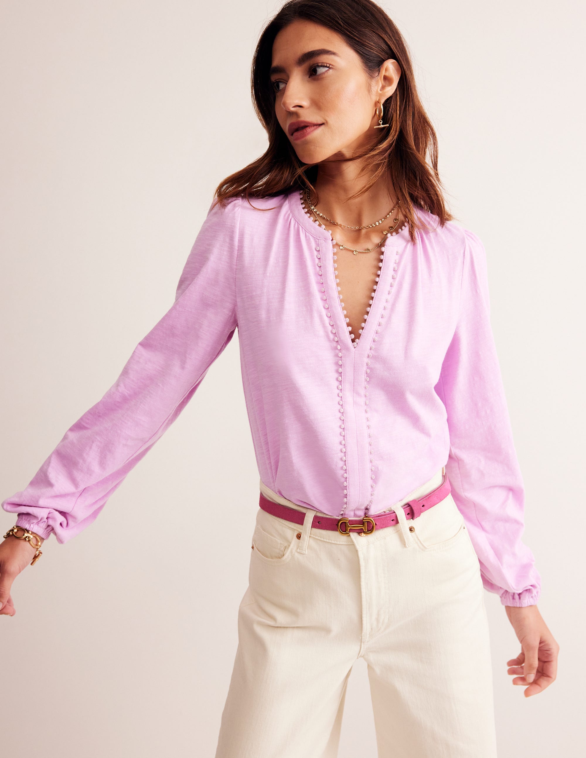 Soft Lavender Long Sleeve Pom Top for Women - Elegant Blouse for Office Wear, Date Night & Casual Outfits