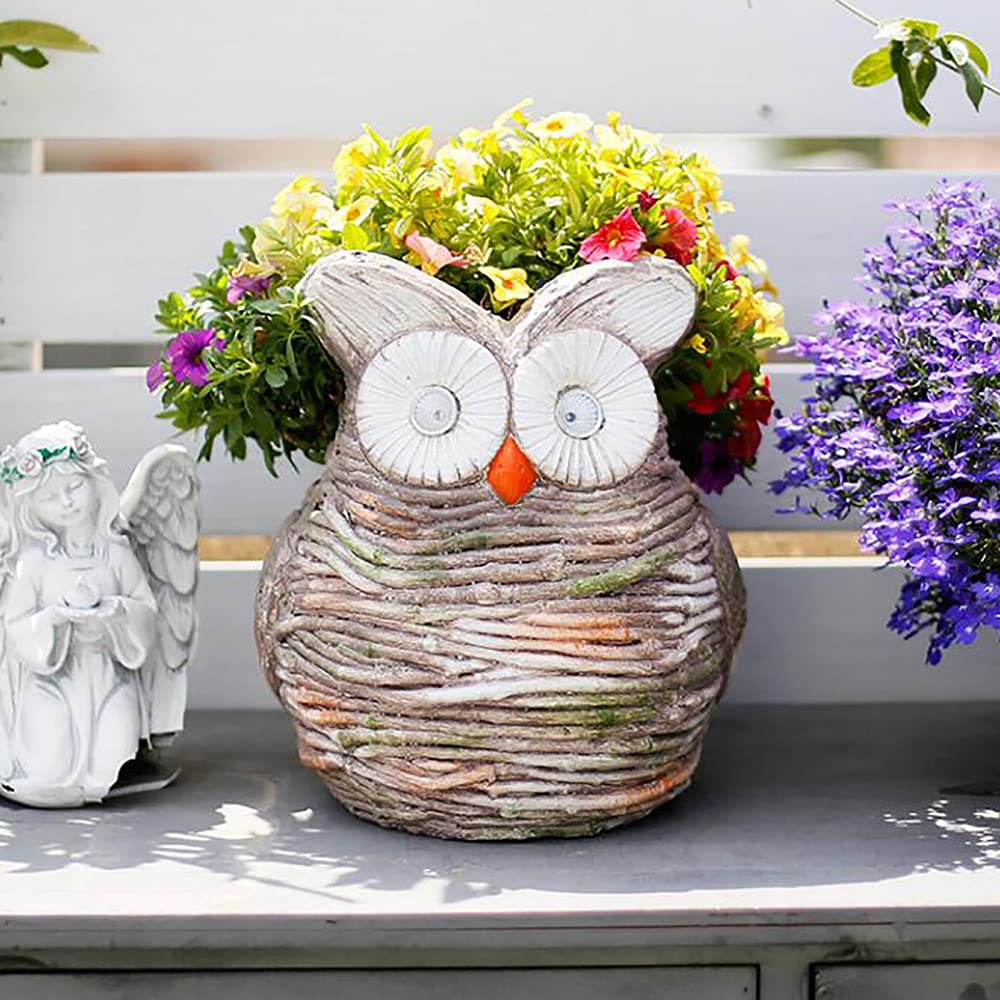 Solar Owl Planter Light - Wood Effect Flower Pot with Herb & Seed Starter - Outdoor Garden Decor for Patio, Lawn & Pathway Lighting