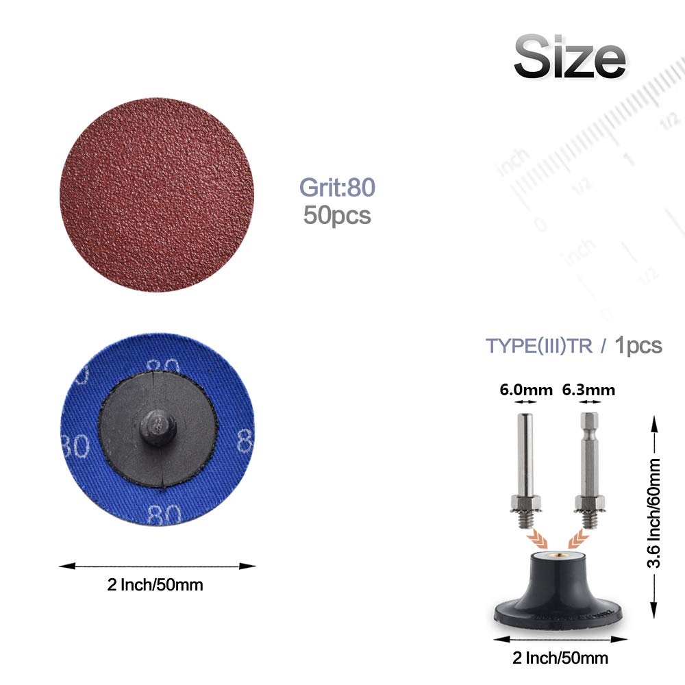 50Pcs P80 2-Inch Roll Lock Quick Change Sanding Discs Set with 1/4