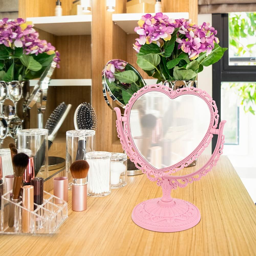 1 Pack Heart Shaped Cosmetic Mirror - Double Sided Pink Plastic Makeup Mirror with Stand, Portable Travel Vanity Mirror for Home, Bathroom, Dorm & Purse (Cute Gift for Women & Girls)