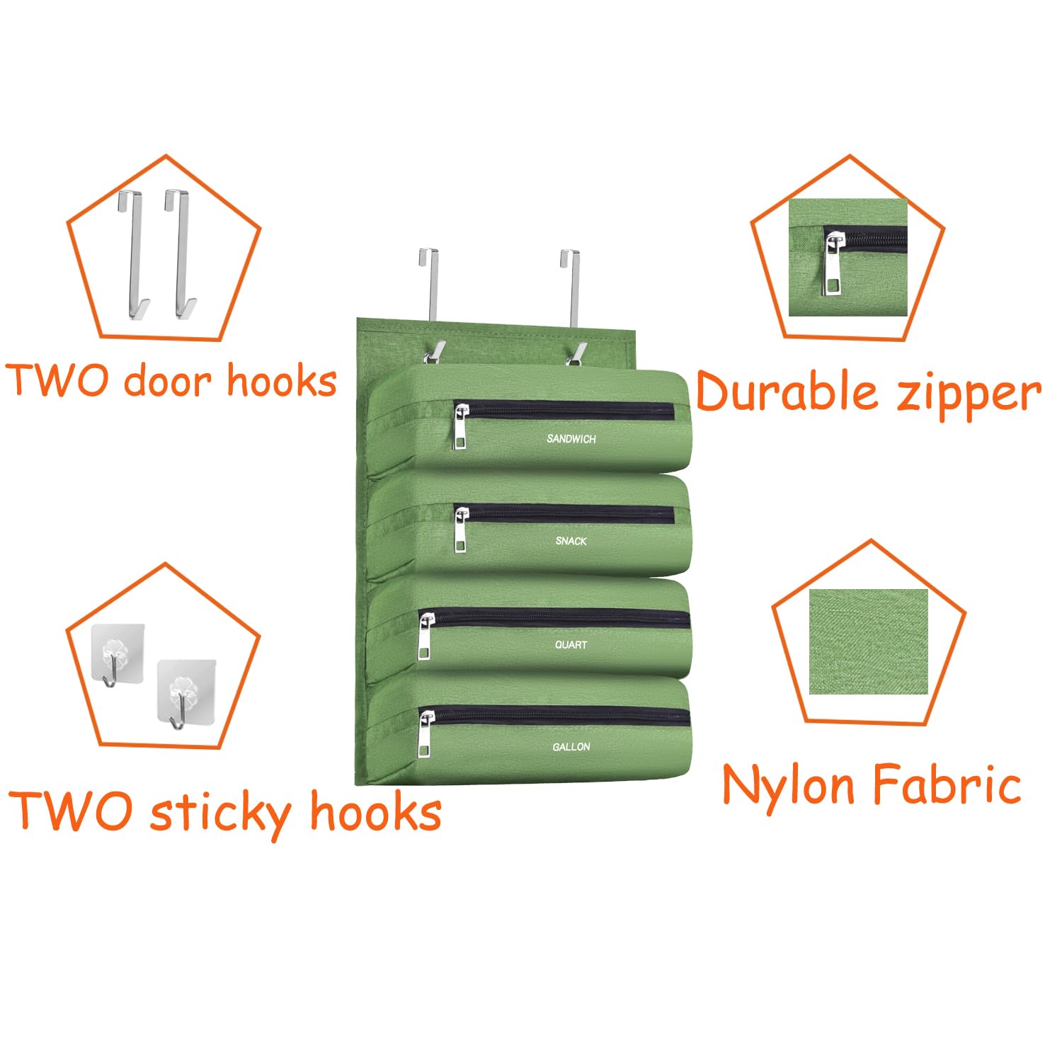Zipper Bag Organizer for Kitchen, RV & Camping - Gallon, Quart, Sandwich & Snack Food Storage Bags | Plastic Bag Storage Solution (Green) - Perfect for Meal Prep, Travel & Home Organization