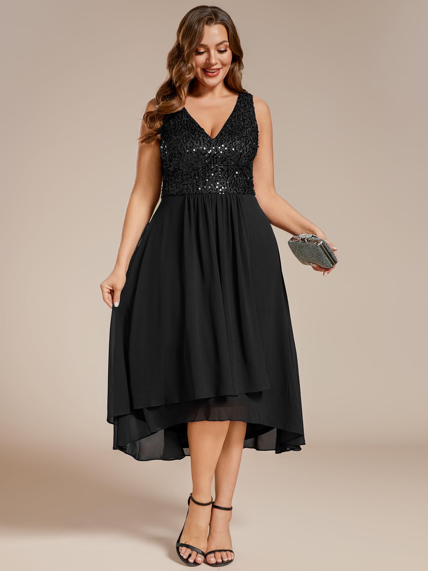 Ever-Pretty Plus Size Women's Sleeveless V-Neck Sequin Chiffon A-Line Midi Dress - Elegant Wedding Guest Dress for Summer Parties & Special Occasions