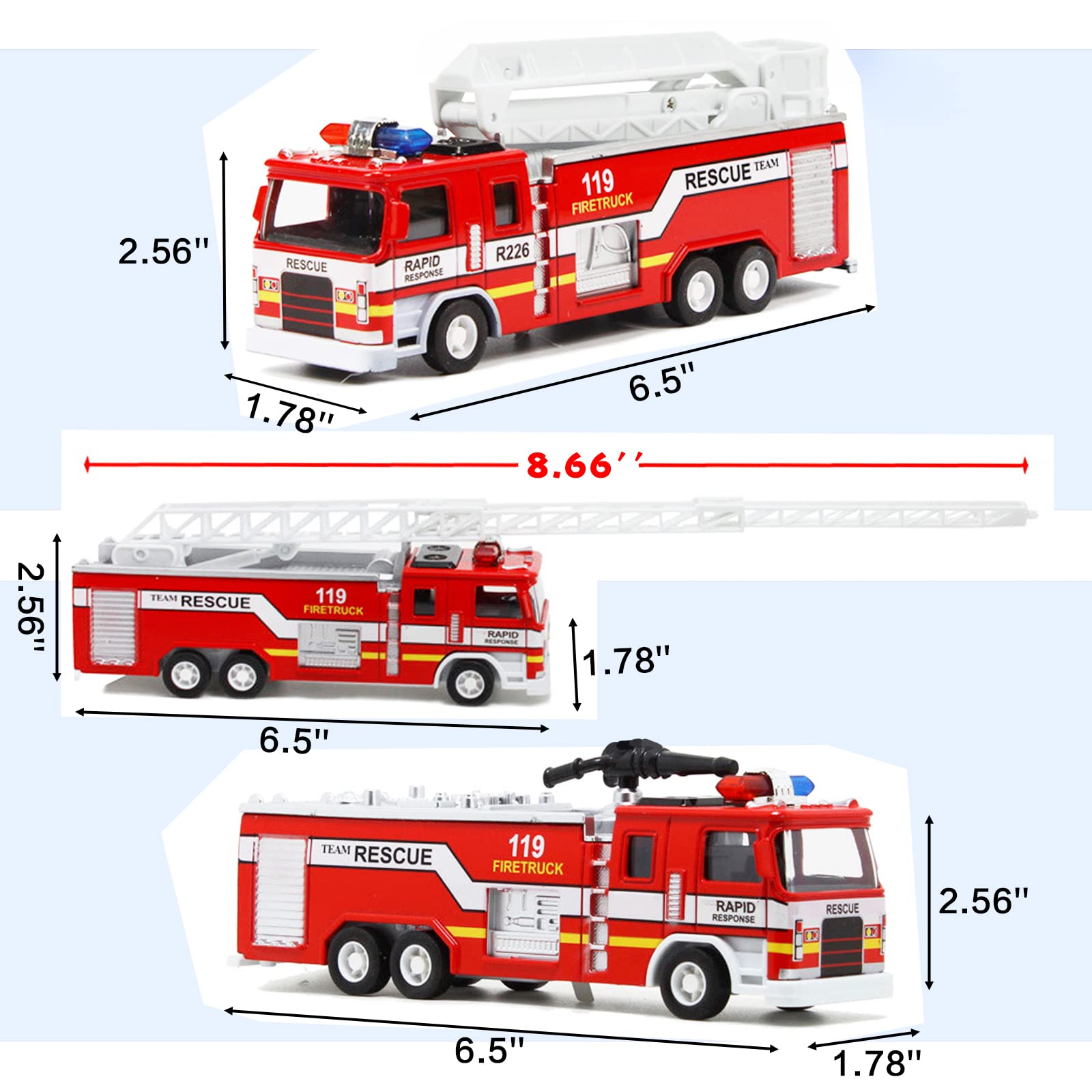 CORPER TOYS 3-Pack Fire Truck Toy Set with Extending Rescue Ladder, Rotating Water Gun, Lights & Siren Sounds – Pull Back Alloy Car Toys for Toddlers, Boys & Girls – Perfect for Birthday Gifts & Pretend Play Firefighter Scenarios